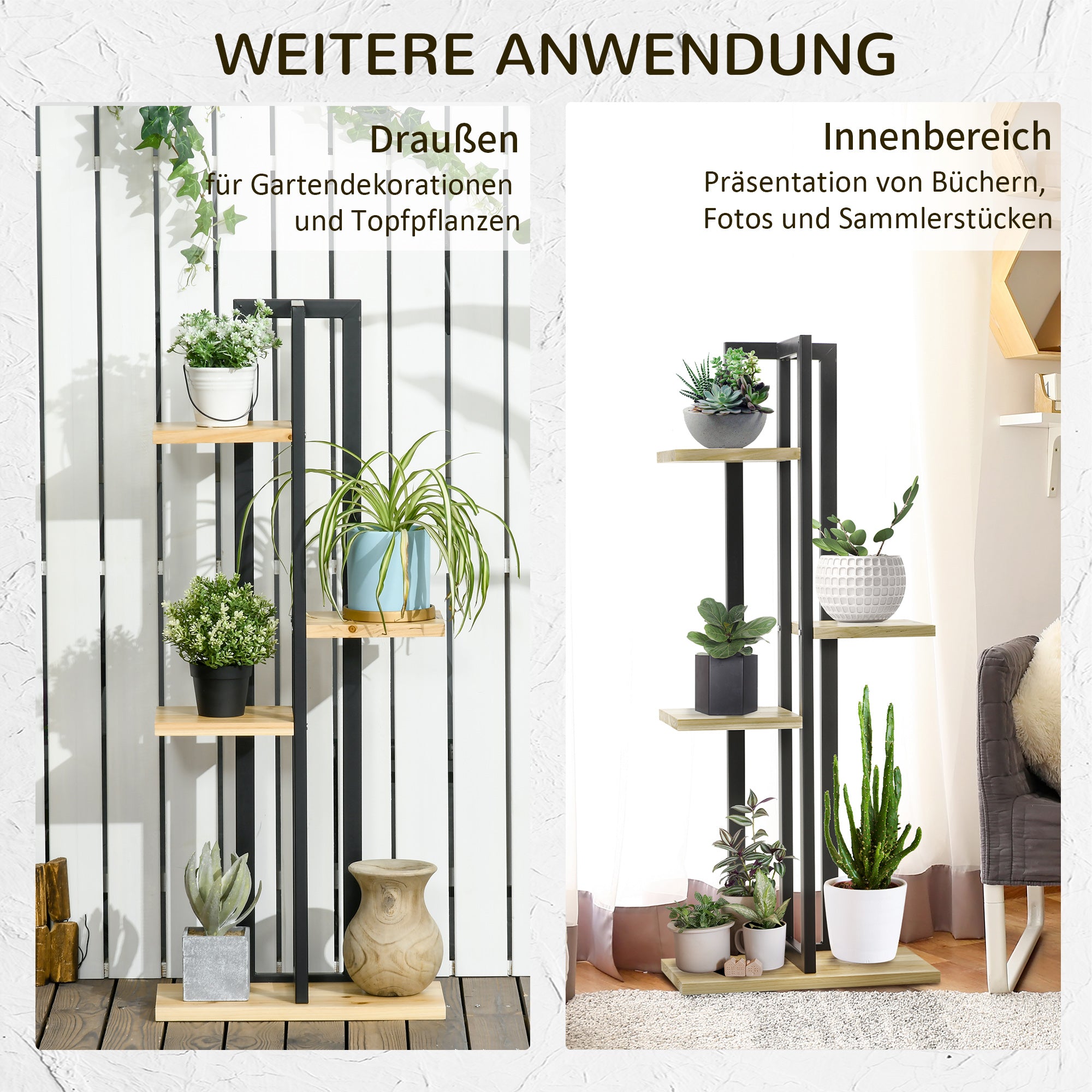 4-Tier Plant Stand, 110 cm High Flower Stand for Indoor Outdoor, Wooden Plant Shelf, Multi-layer Flower Rack, Flower Stand for Garden Balcony, Black+Natural Wood