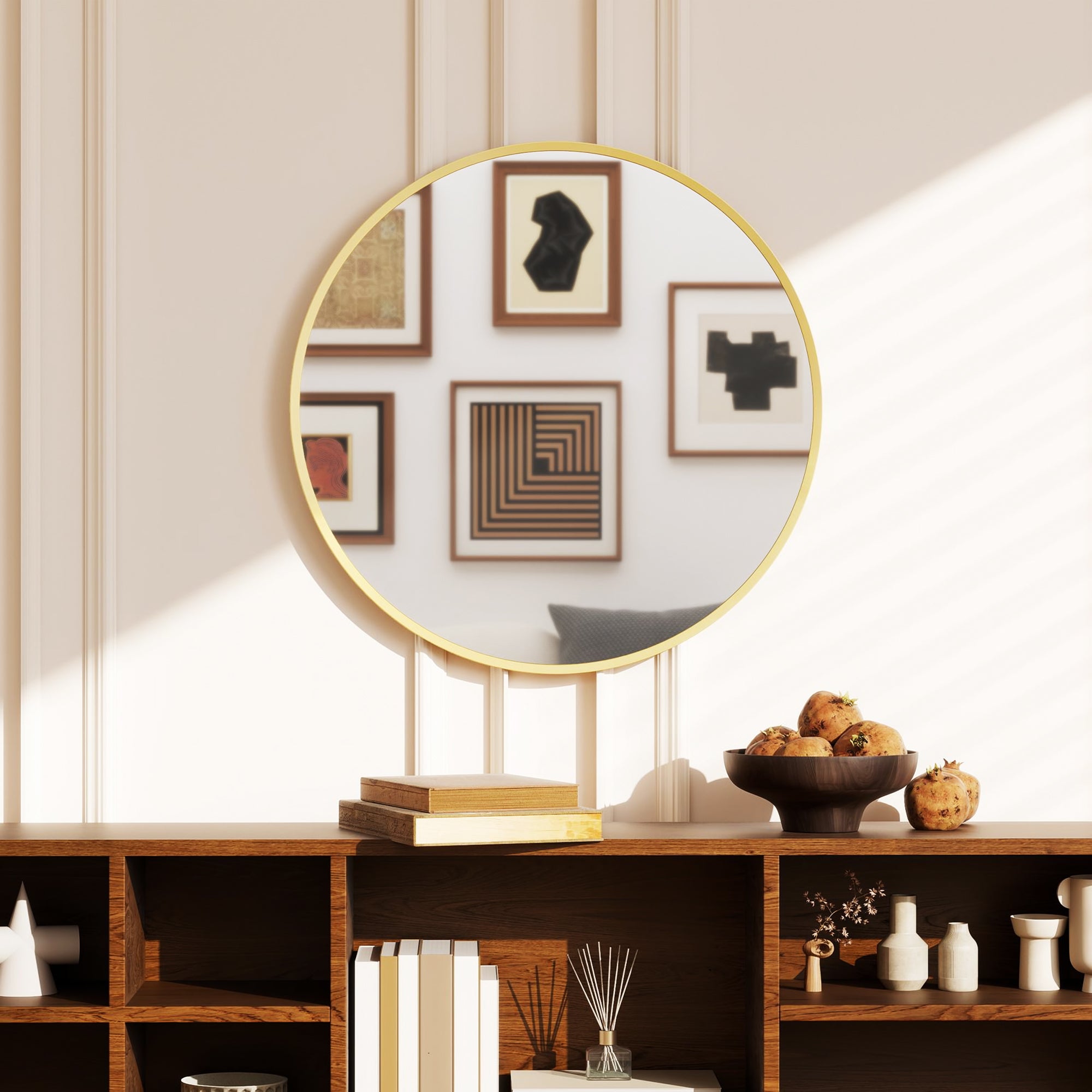 Round Wall Mirror, 24 in (61 cm) Diameter – Gold Aluminum Alloy Frame, Decorative Mirror for Bathroom, Living Room, Bedroom