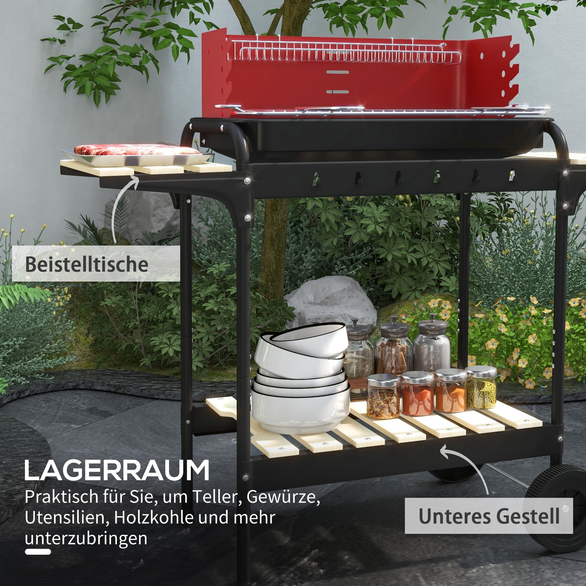 Metal Charcoal Grill BBQ Smoker with Wheels, Adjustable Height Grill Grate, Wood Shelf, Portable Grill Cart Charcoal Grill, BBQ for Barbecue Camping, Patio, 103x47x95 cm