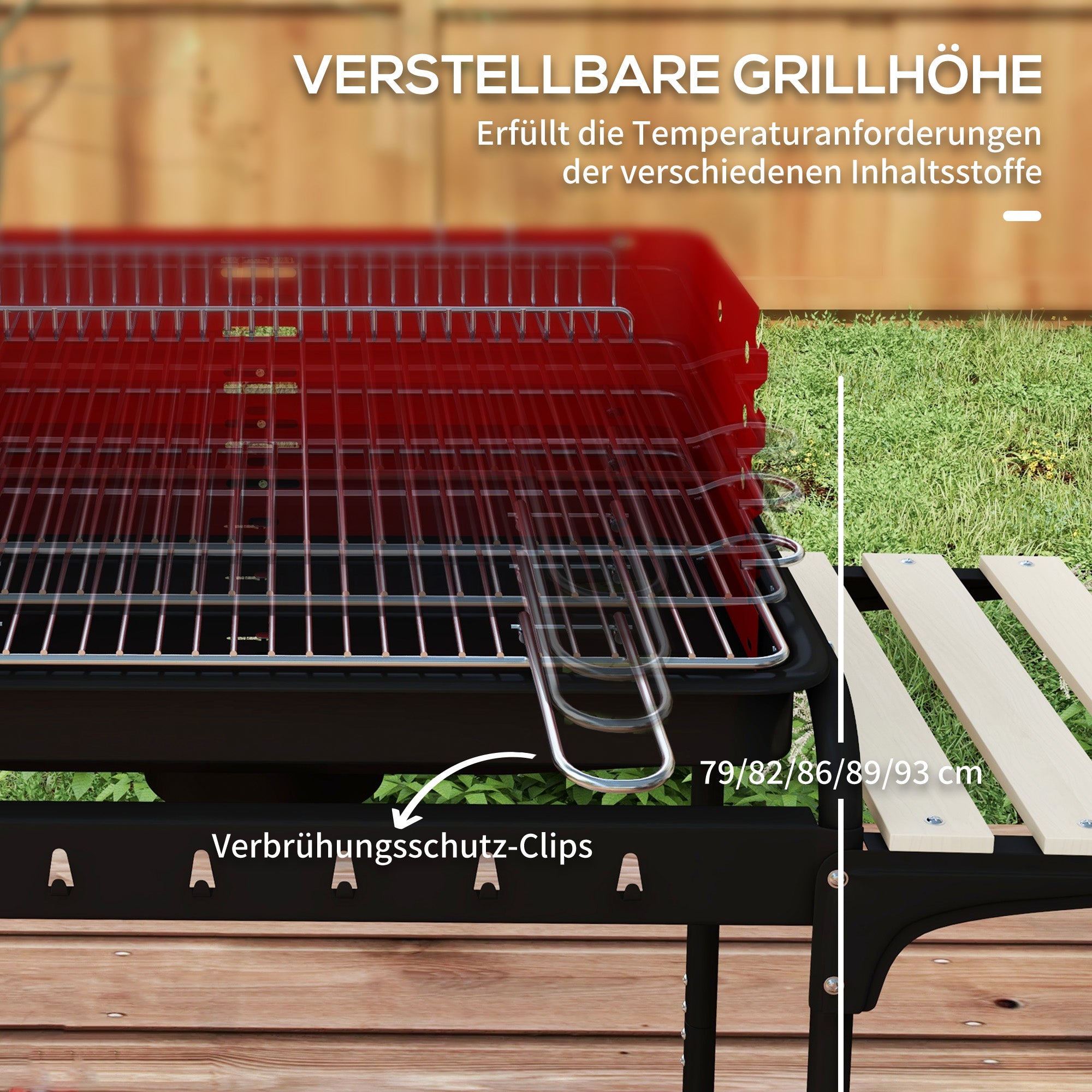 Metal Charcoal Grill BBQ Smoker with Wheels, Adjustable Height Grill Grate, Wood Shelf, Portable Grill Cart Charcoal Grill, BBQ for Barbecue Camping, Patio, 103x47x95 cm