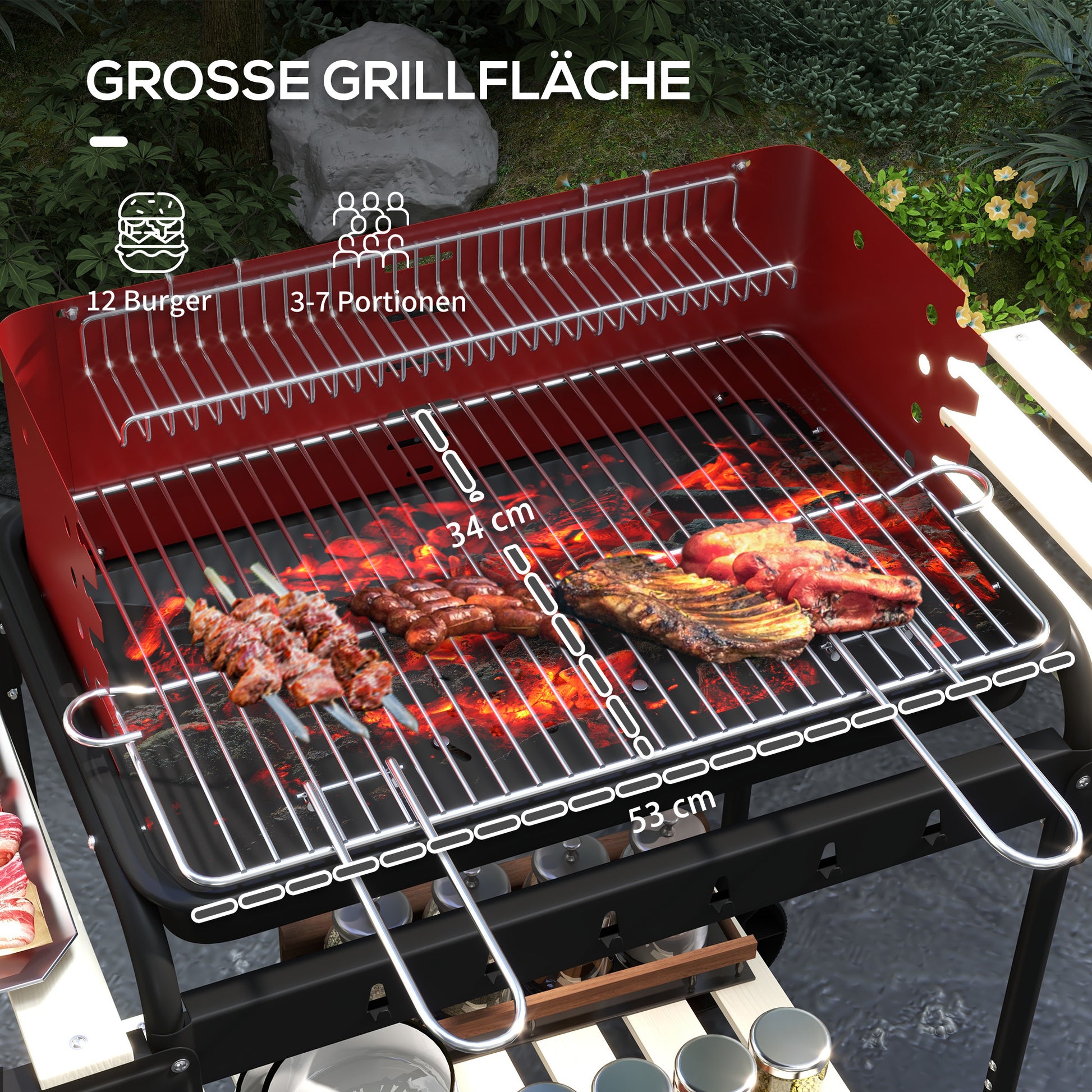 Metal Charcoal Grill BBQ Smoker with Wheels, Adjustable Height Grill Grate, Wood Shelf, Portable Grill Cart Charcoal Grill, BBQ for Barbecue Camping, Patio, 103x47x95 cm