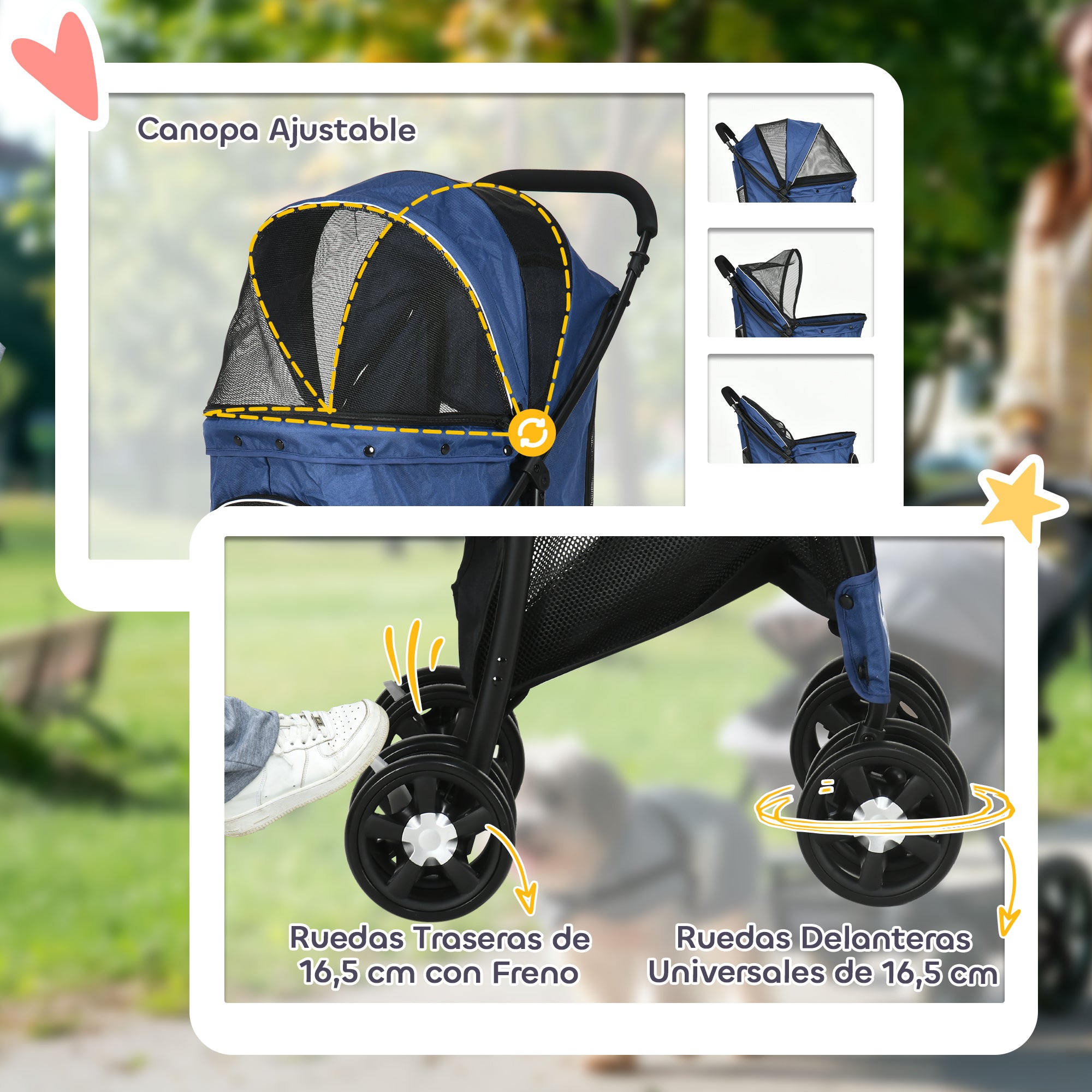 Foldable Dog Stroller Pet Buggy for Small Dogs with Basket Adjustable Canopy Mesh Window and 2 Universal Wheels Load 15 kg 81x48x99 cm Navy Blue