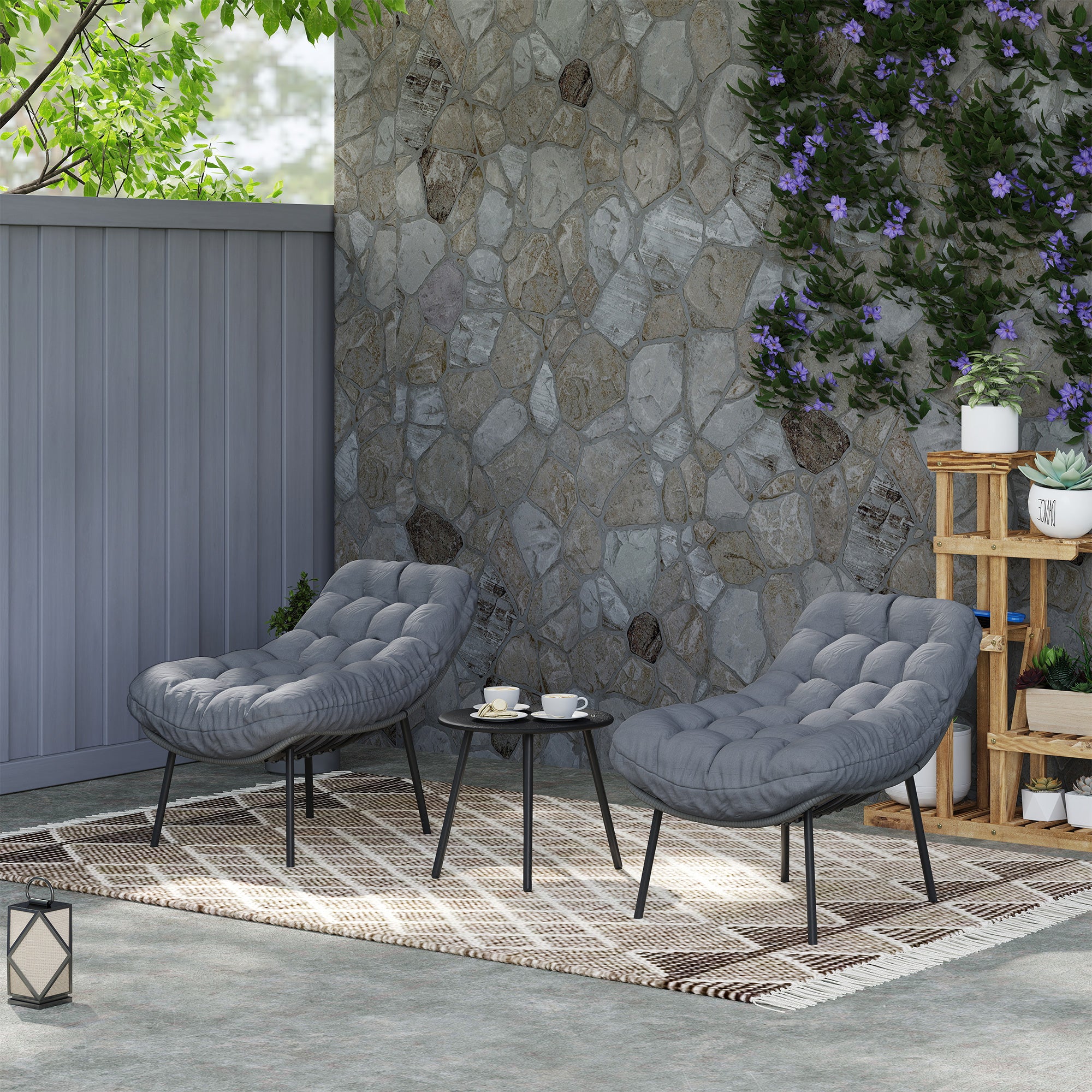 Outdoor Rattan Resin Garden Furniture Set for 2 People with 15 cm Thick Cushions and Steel Frames for Balcony, Terrace, Patio, Gray