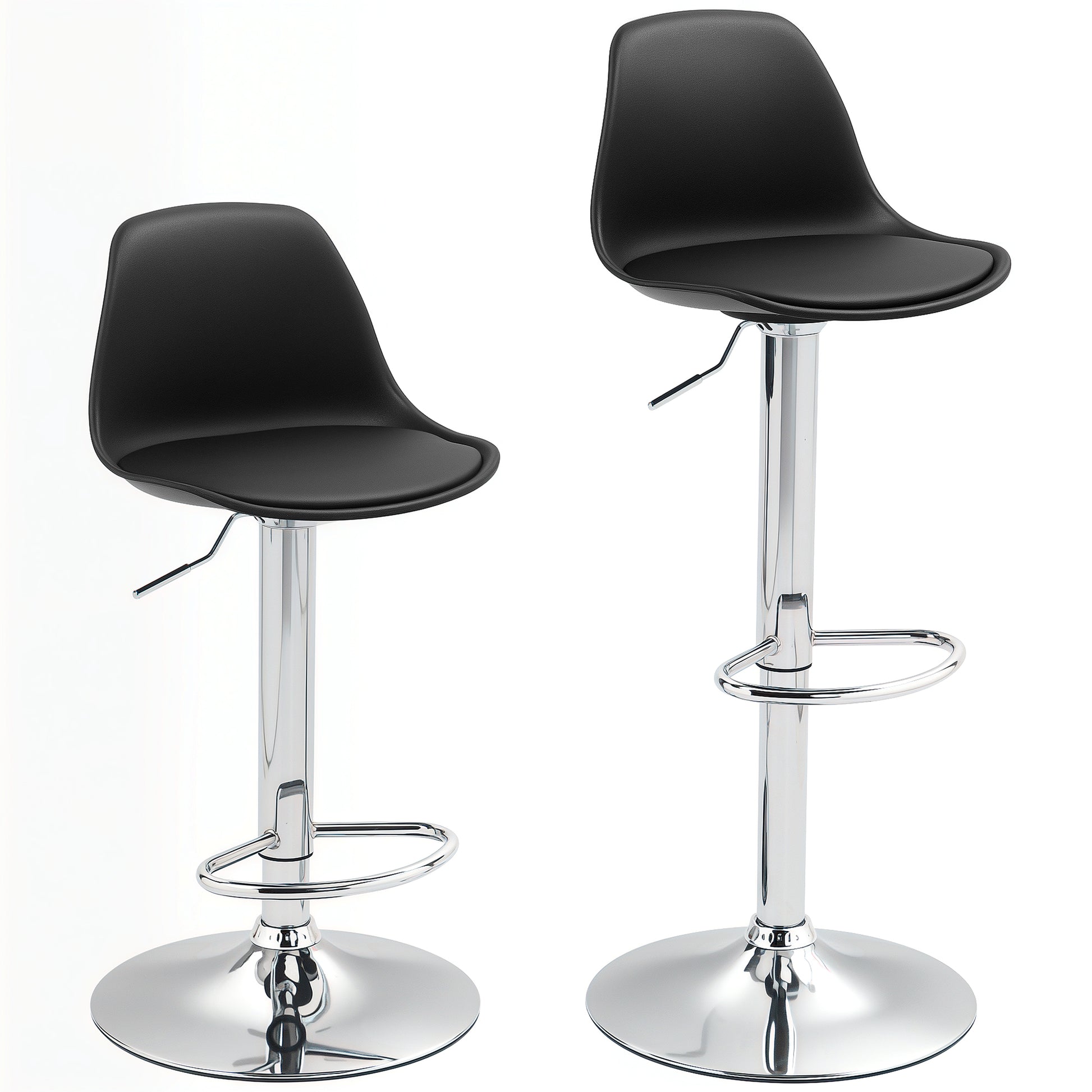 Bar Stool Set of 2, Upholstered Bar Chair with Steel Frame, Backrest, Height Adjustable Kitchen Chairs with Footrest 360° Swivel Counter Stools for Kitchen, Living Room, Dining Room, Faux Leather Black