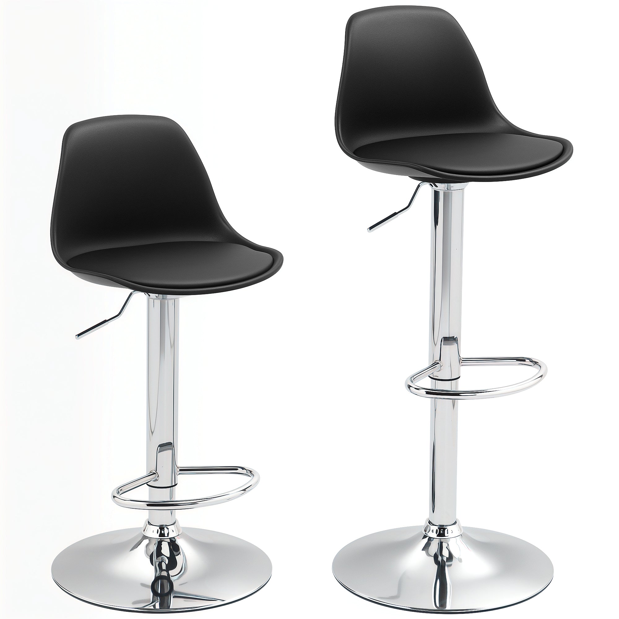 Bar Stool Set of 2, Upholstered Bar Chair with Steel Frame, Backrest, Height Adjustable Kitchen Chairs with Footrest 360° Swivel Counter Stools for Kitchen, Living Room, Dining Room, Faux Leather Black