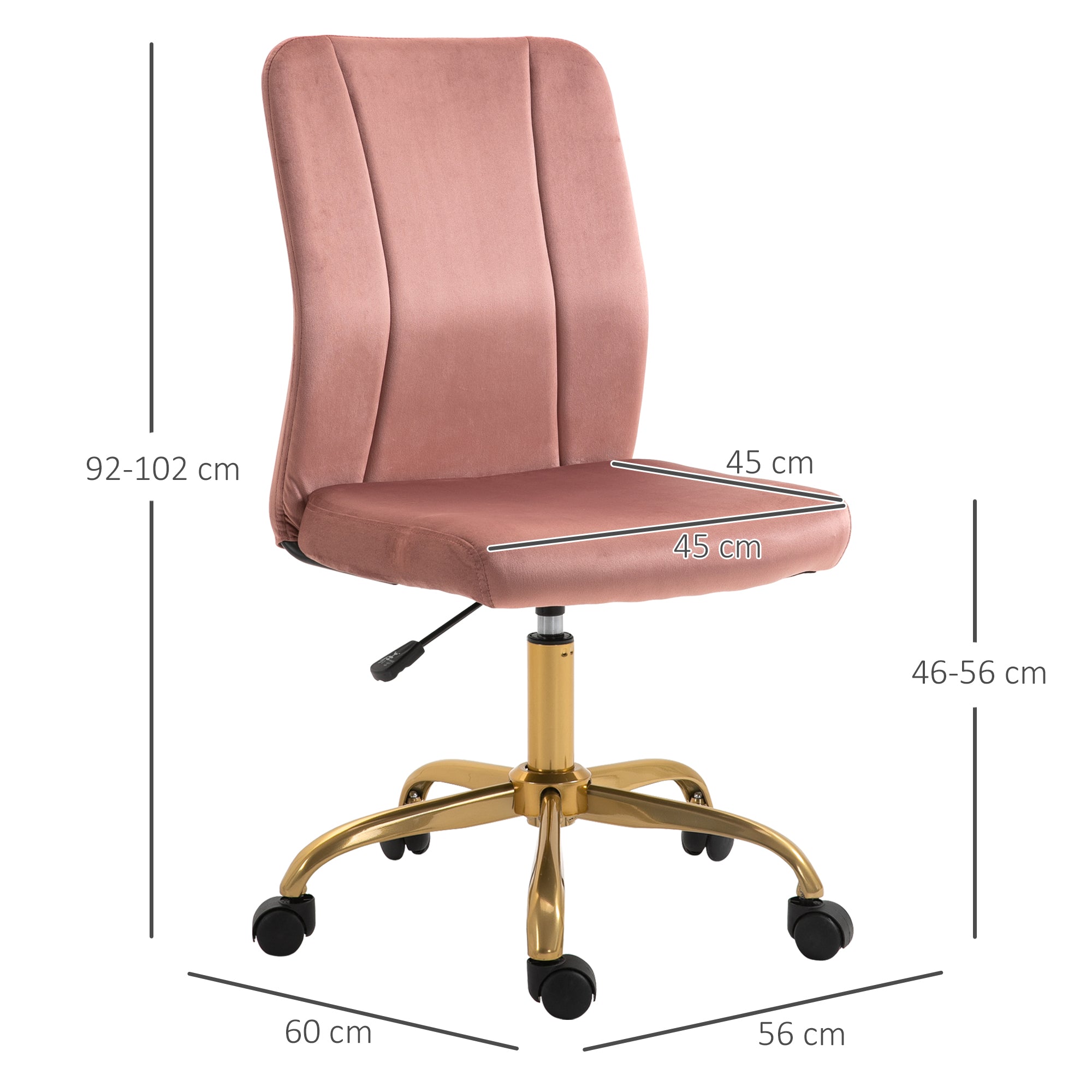 Contemporary Design Office Chair Swivel 360° Ergonomic Curved Backrest Adjustable Height Velvet Upholstery 56 x 60 x 102 cm Pink and Gold