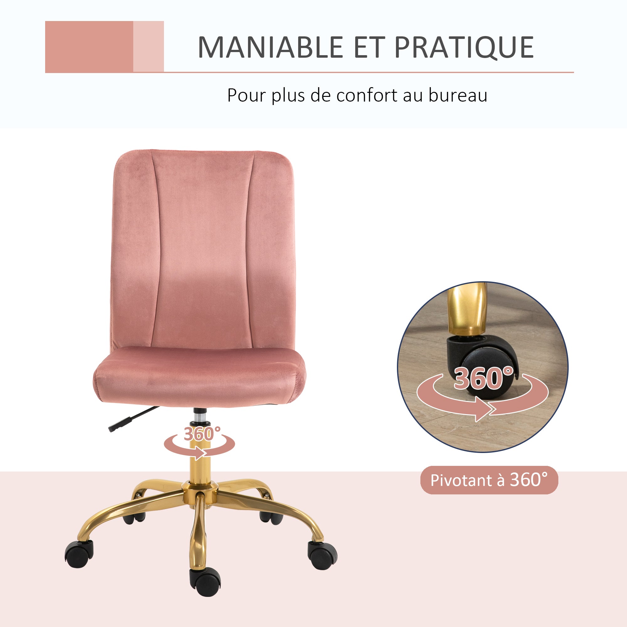 Contemporary Design Office Chair Swivel 360° Ergonomic Curved Backrest Adjustable Height Velvet Upholstery 56 x 60 x 102 cm Pink and Gold