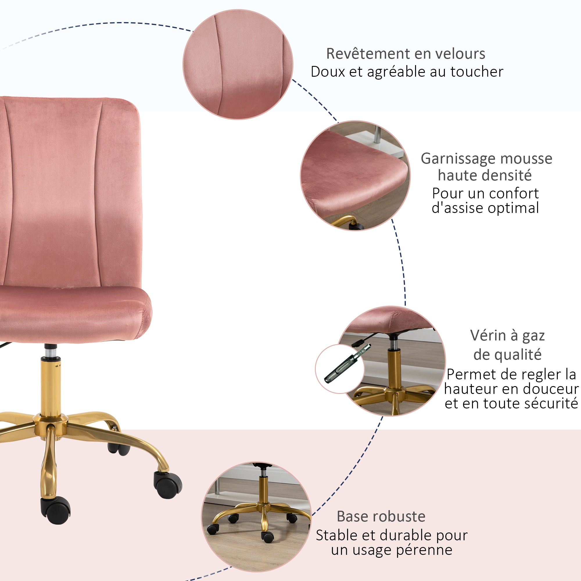 Contemporary Design Office Chair Swivel 360° Ergonomic Curved Backrest Adjustable Height Velvet Upholstery 56 x 60 x 102 cm Pink and Gold