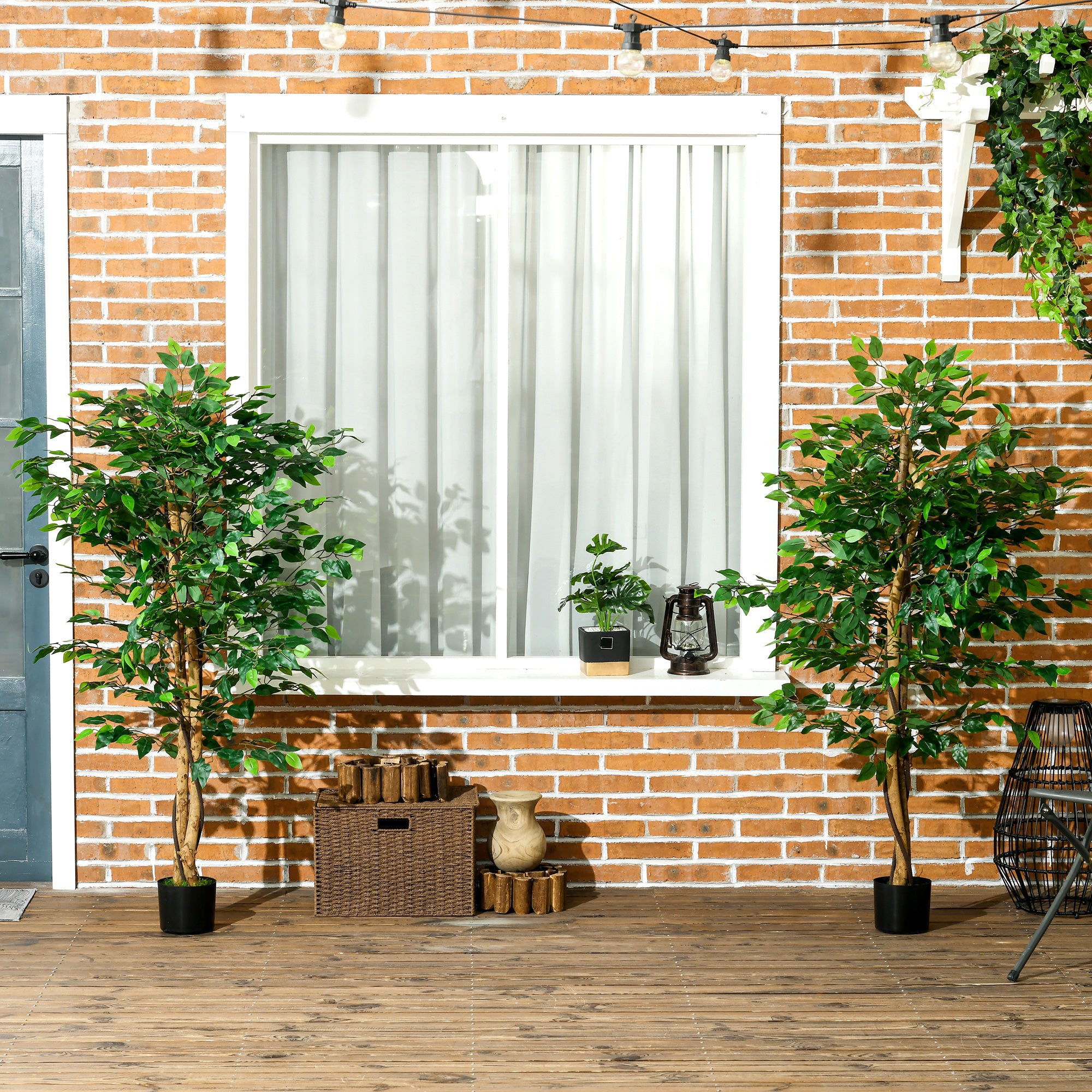 Set of 2 artificial plants artificial trees ficus 1.50m height trunk branches vine lichen leaves highly realistic pot included, indoor, green
