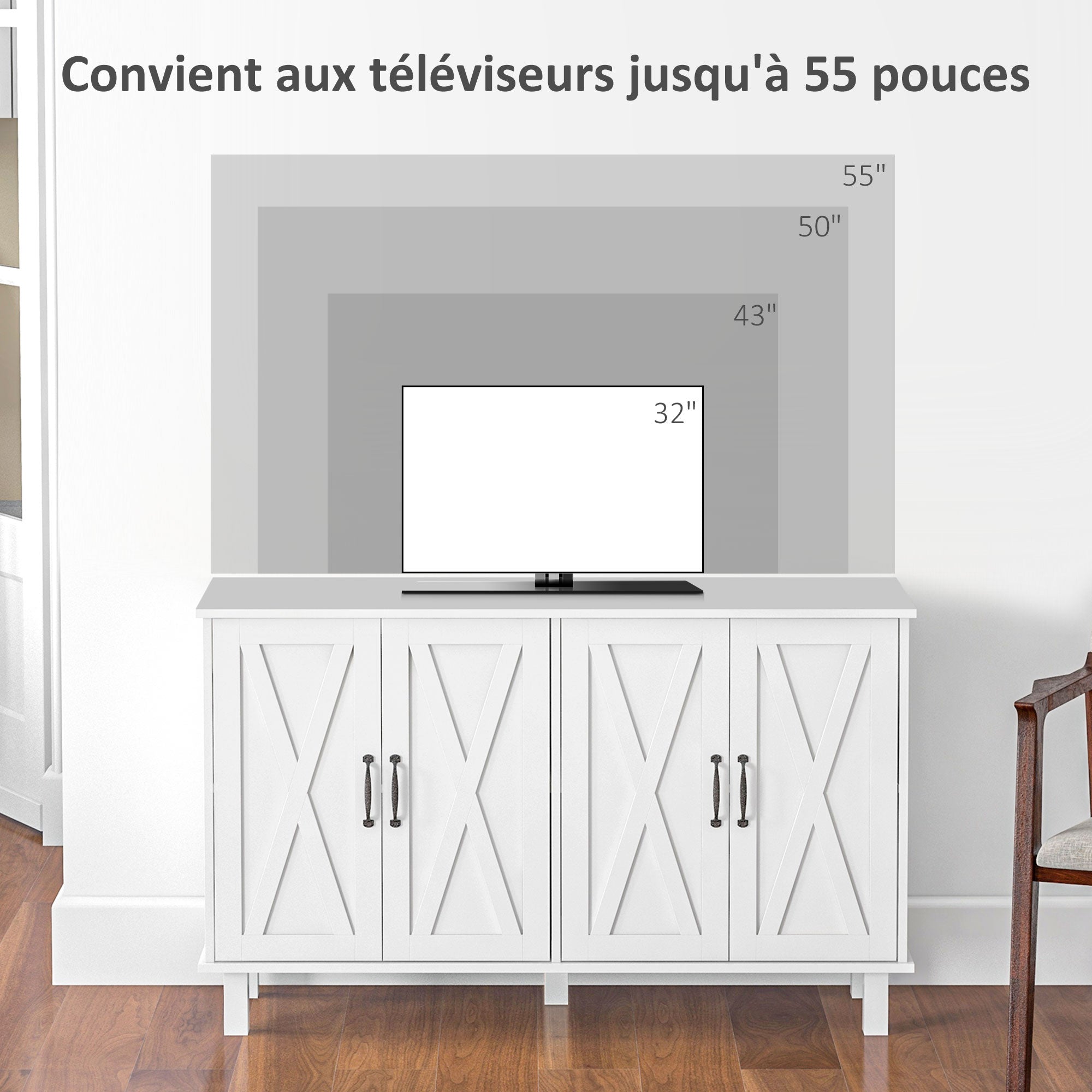 Country Style Low Storage Cabinet Kitchen Buffet 2 Double-Door Cupboards with Adjustable Shelves 120 x 37 x 75 cm - White