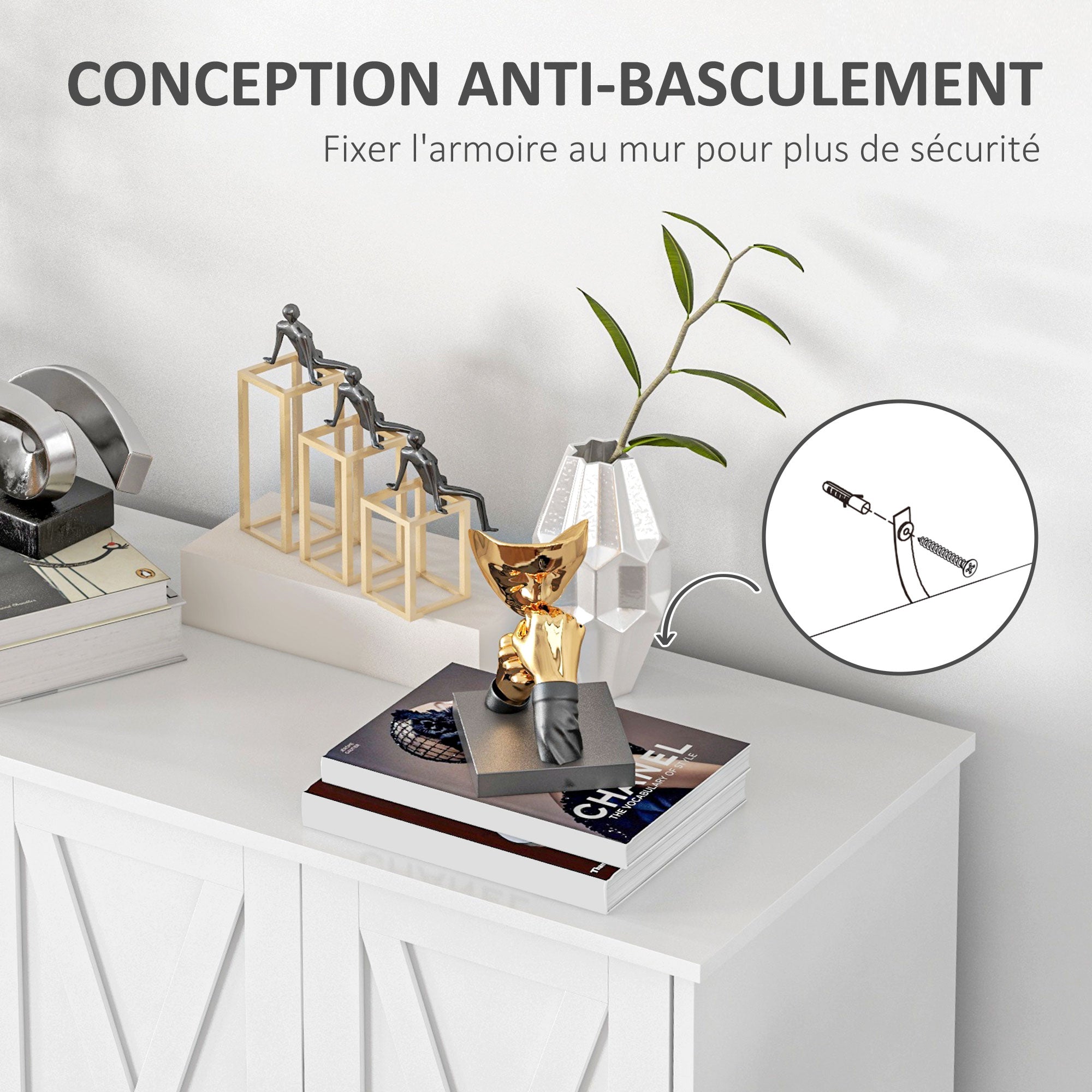 Country Style Low Storage Cabinet Kitchen Buffet 2 Double-Door Cupboards with Adjustable Shelves 120 x 37 x 75 cm - White