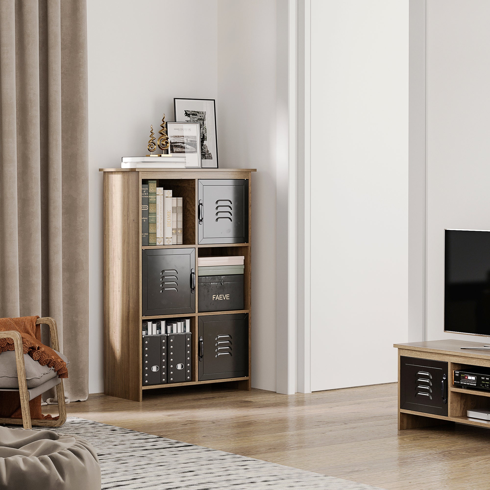 Industrial Design Bookshelf - Storage Unit 3 Compartments 3 Lockers - Wood Look with Black Metal Doors