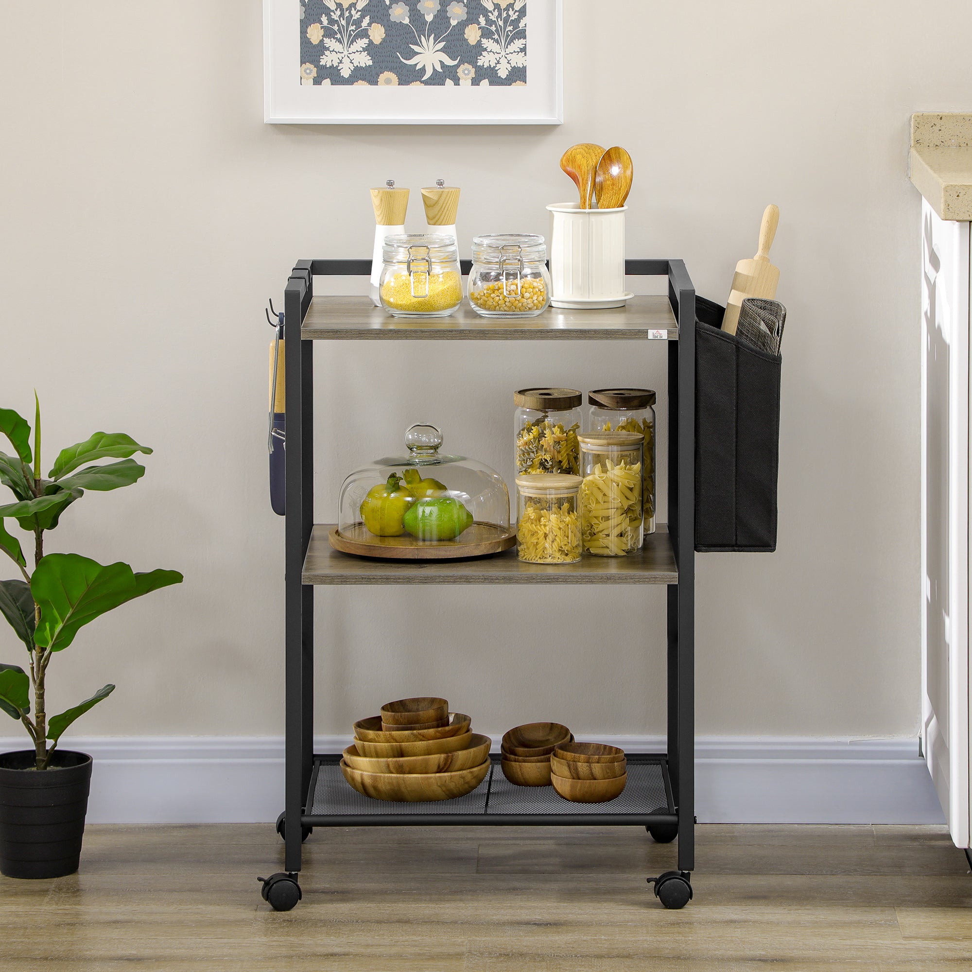 Utility Cart with Wheels 3-Tier Storage Cart with Fabric Bag 2 Hooks and Steel Frame for Living Room Kitchen Dining Room 66x40x80.5 cm Gray