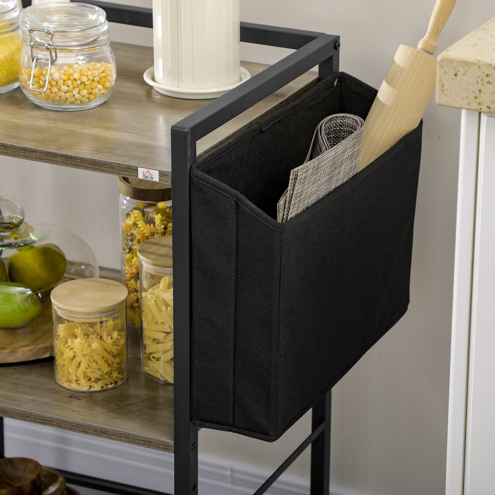 Utility Cart with Wheels 3-Tier Storage Cart with Fabric Bag 2 Hooks and Steel Frame for Living Room Kitchen Dining Room 66x40x80.5 cm Gray