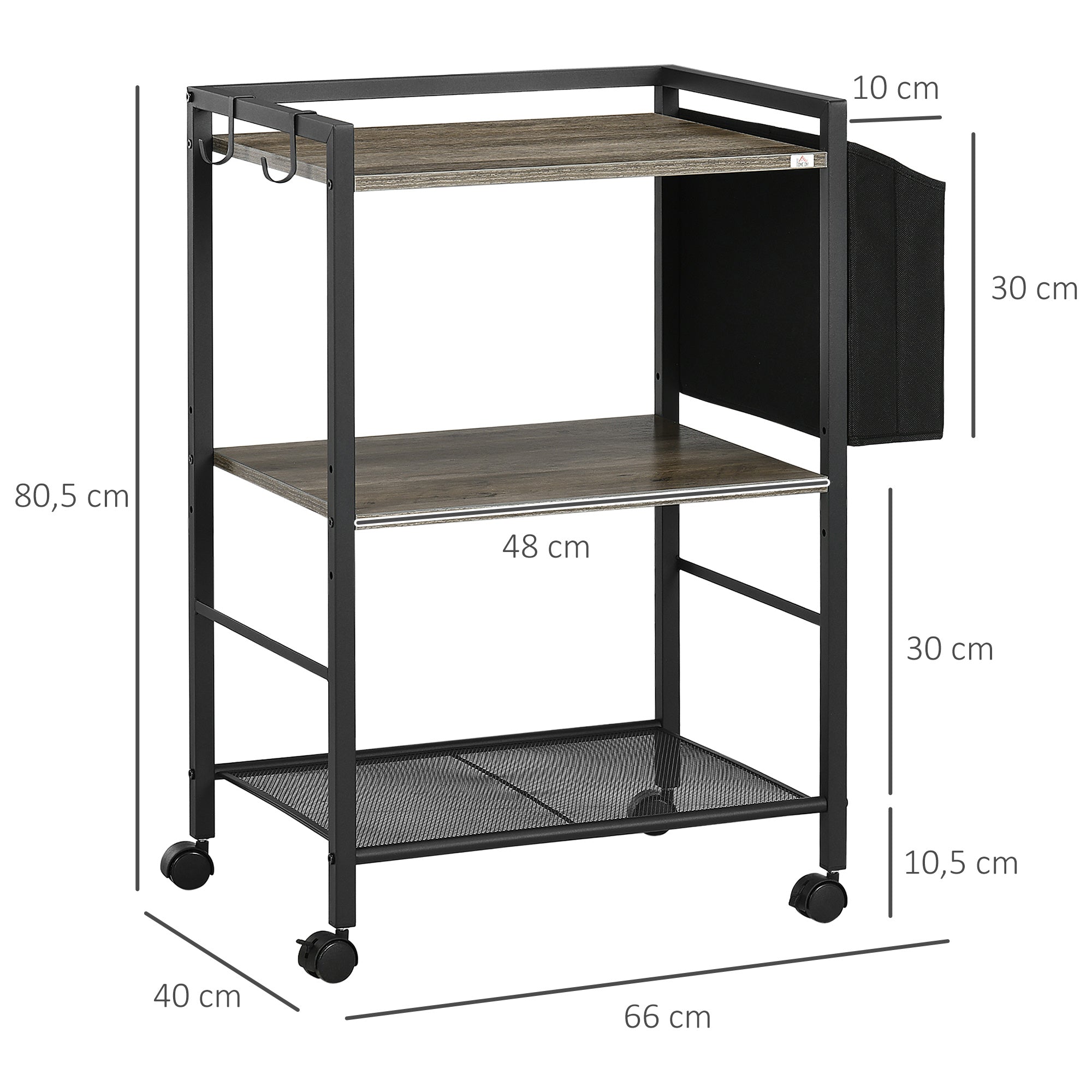 Utility Cart with Wheels 3-Tier Storage Cart with Fabric Bag 2 Hooks and Steel Frame for Living Room Kitchen Dining Room 66x40x80.5 cm Gray