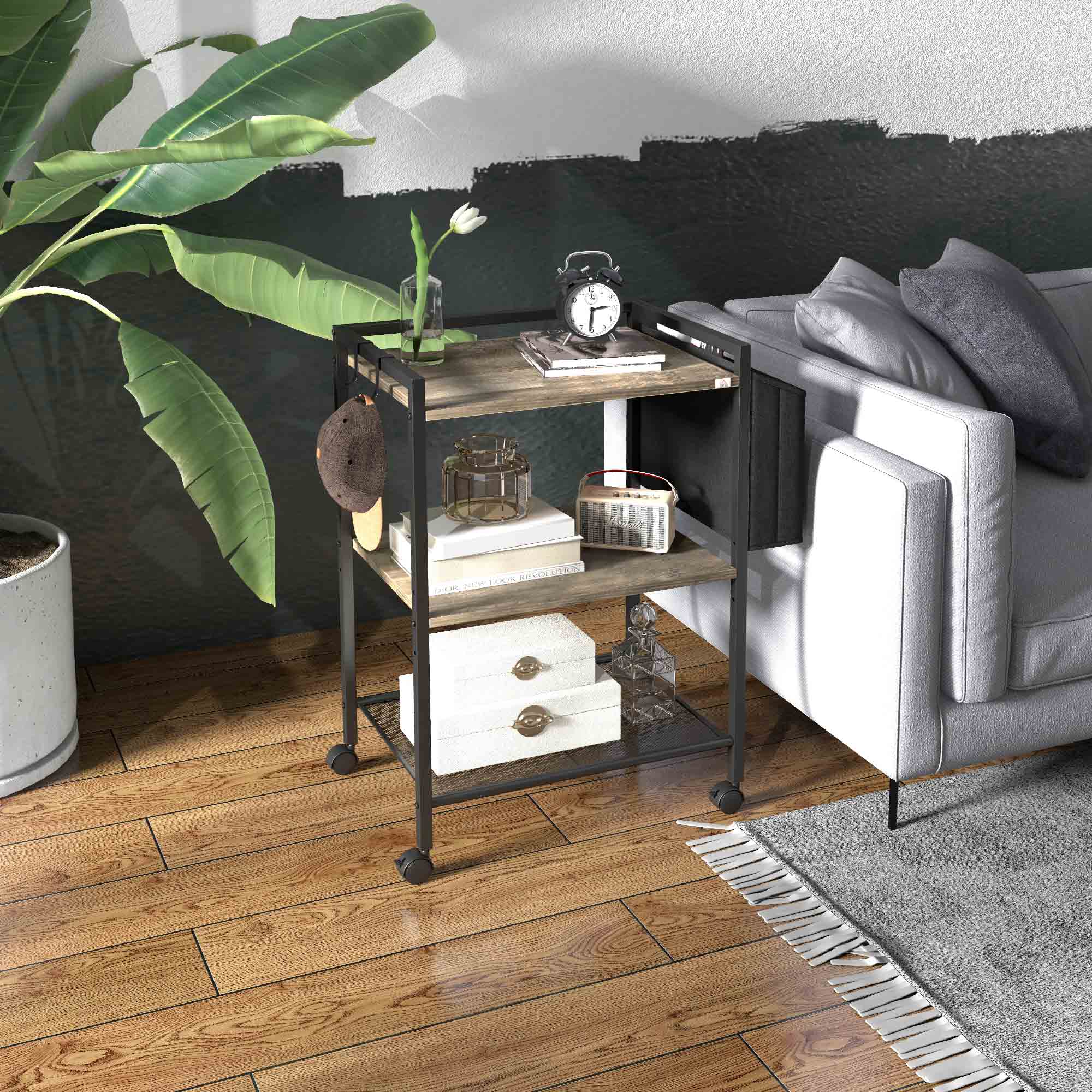 Utility Cart with Wheels 3-Tier Storage Cart with Fabric Bag 2 Hooks and Steel Frame for Living Room Kitchen Dining Room 66x40x80.5 cm Gray