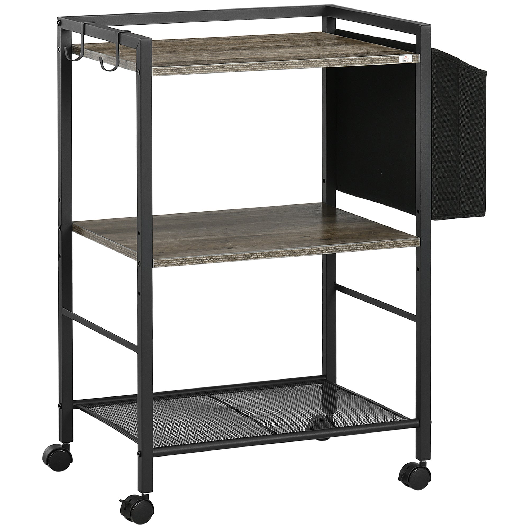 Utility Cart with Wheels 3-Tier Storage Cart with Fabric Bag 2 Hooks and Steel Frame for Living Room Kitchen Dining Room 66x40x80.5 cm Gray