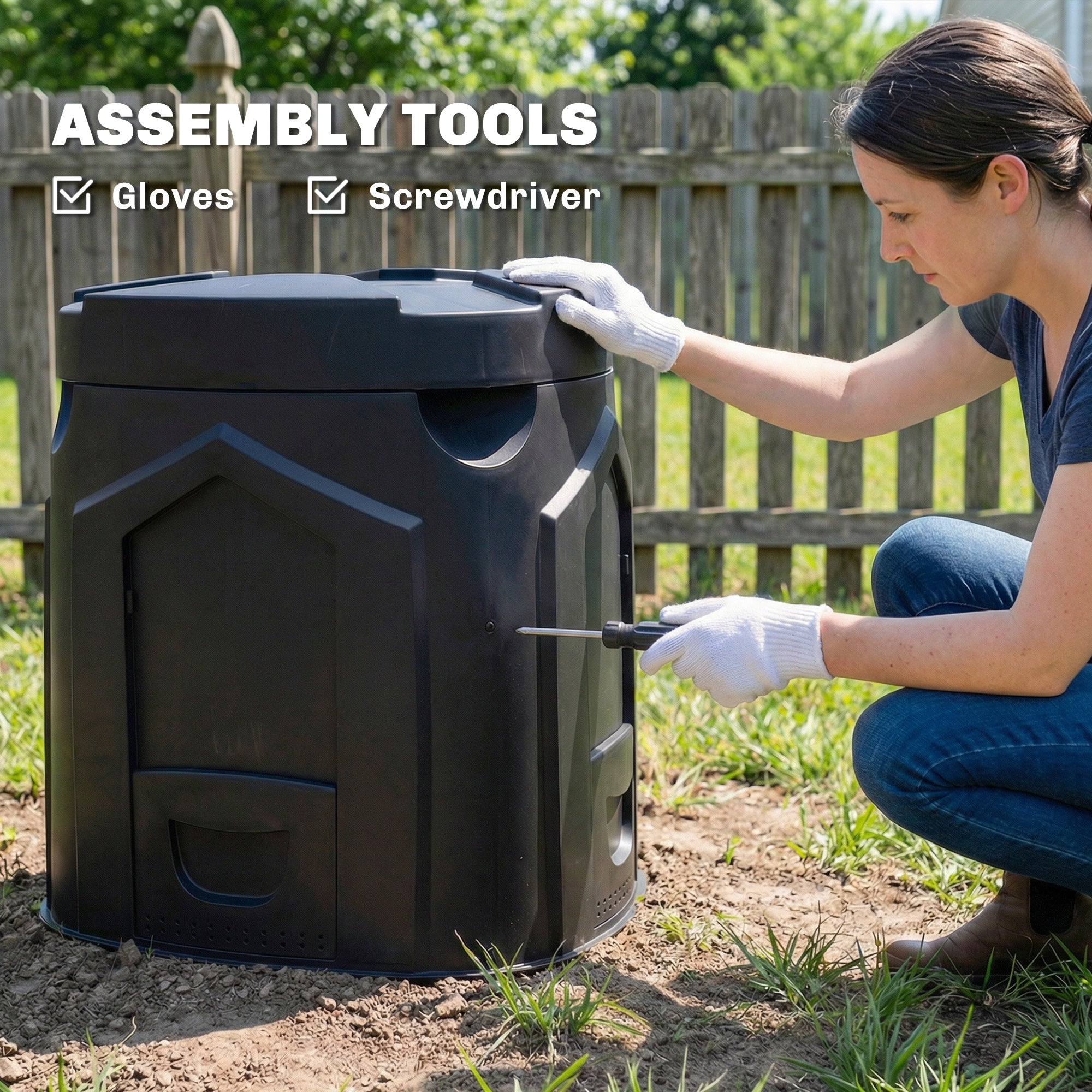Garden Composter, 240 L (63.4 gal), 78 x 75 x 78 cm Triangular Compost Bin with 3 Doors, 66 Vent Holes & Open Bottom — Includes Gloves & Screwdriver, Black