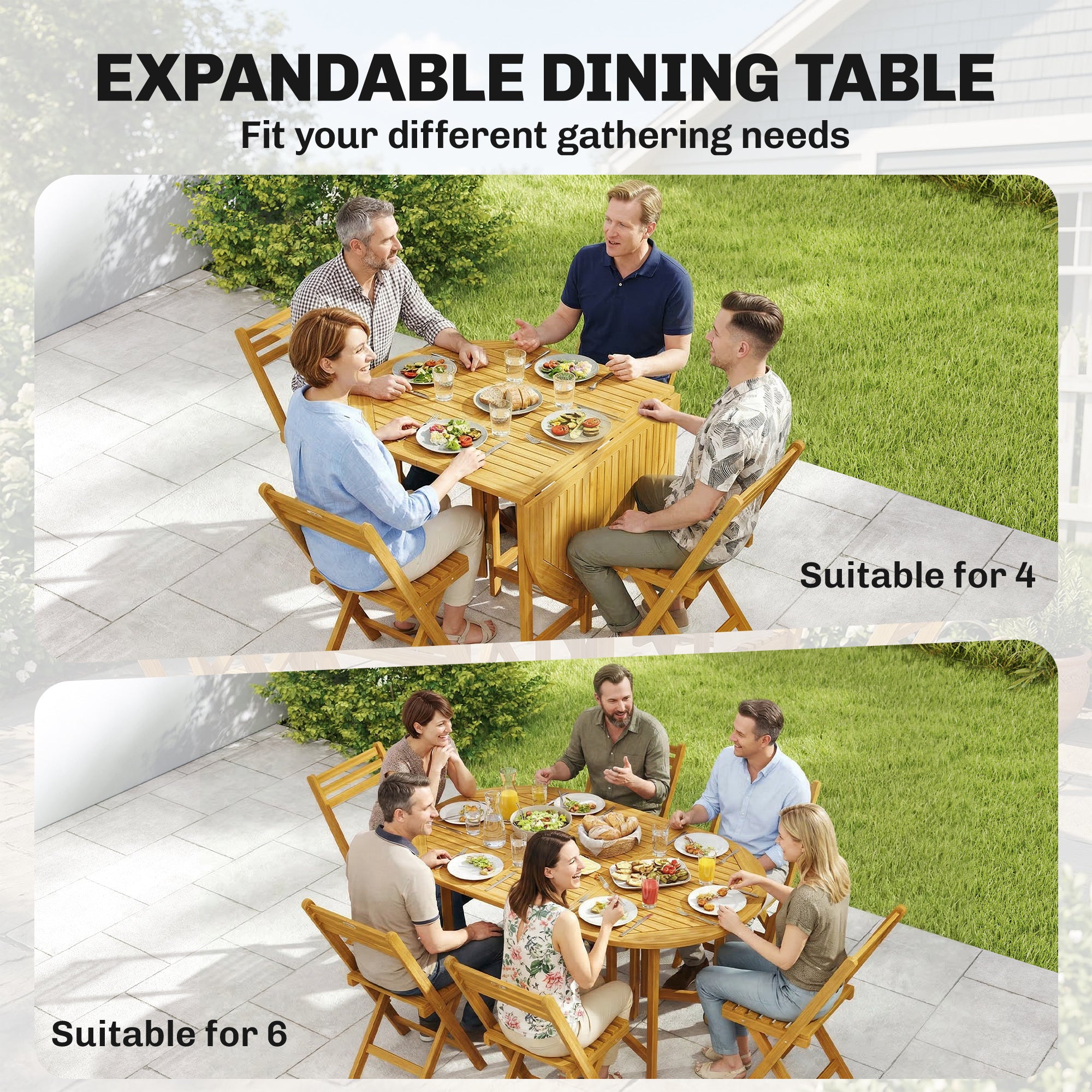 7-Piece FSC Acacia Outdoor Dining Set — Extendable Table & 6 Folding Chairs, Weather-Resistant, Natural Finish, Umbrella Hole