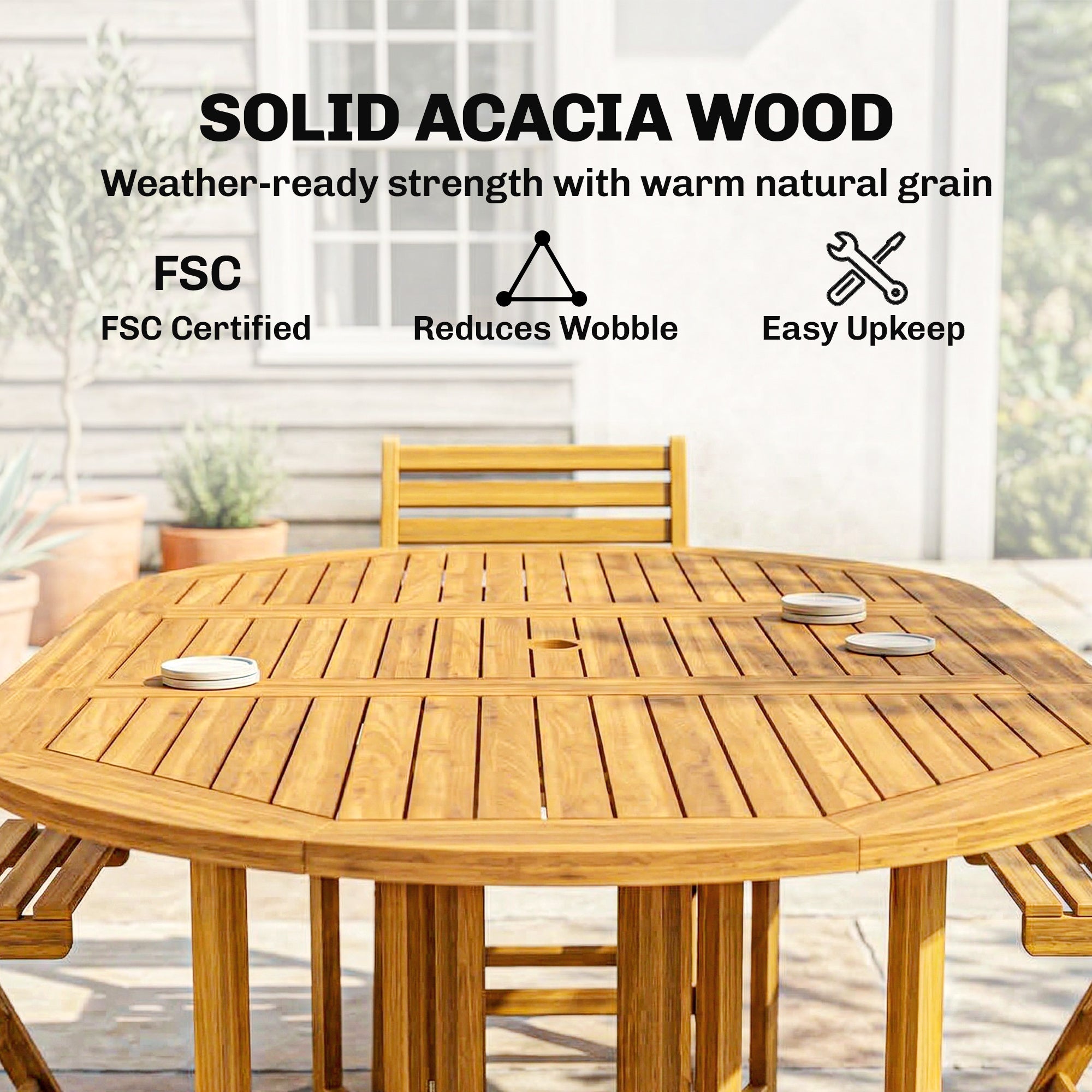7-Piece FSC Acacia Outdoor Dining Set — Extendable Table & 6 Folding Chairs, Weather-Resistant, Natural Finish, Umbrella Hole