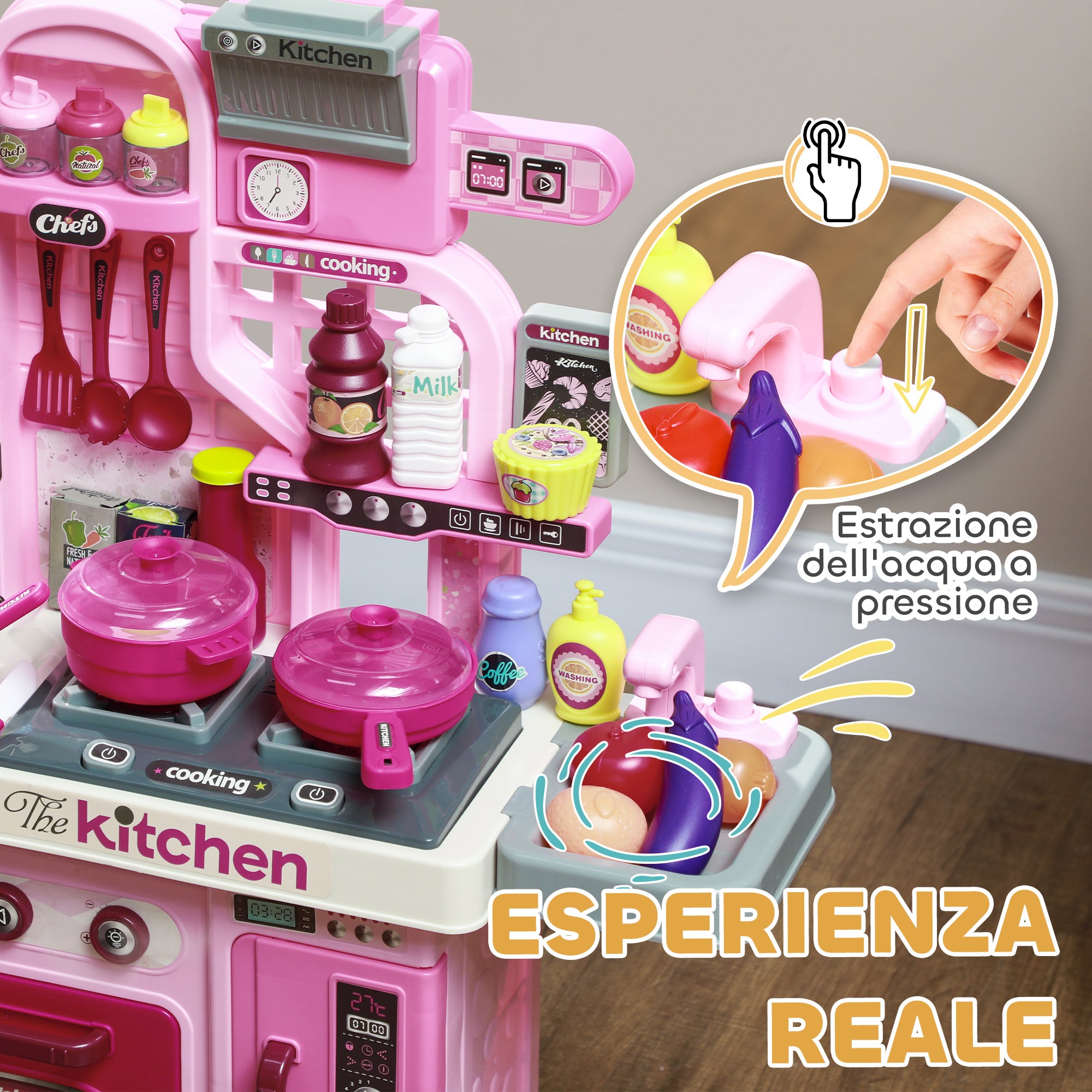33-Piece Children's Toy Kitchen with Lights, Sounds, and Faucet, Made of PP and ABS, 53x22x69 cm, Pink