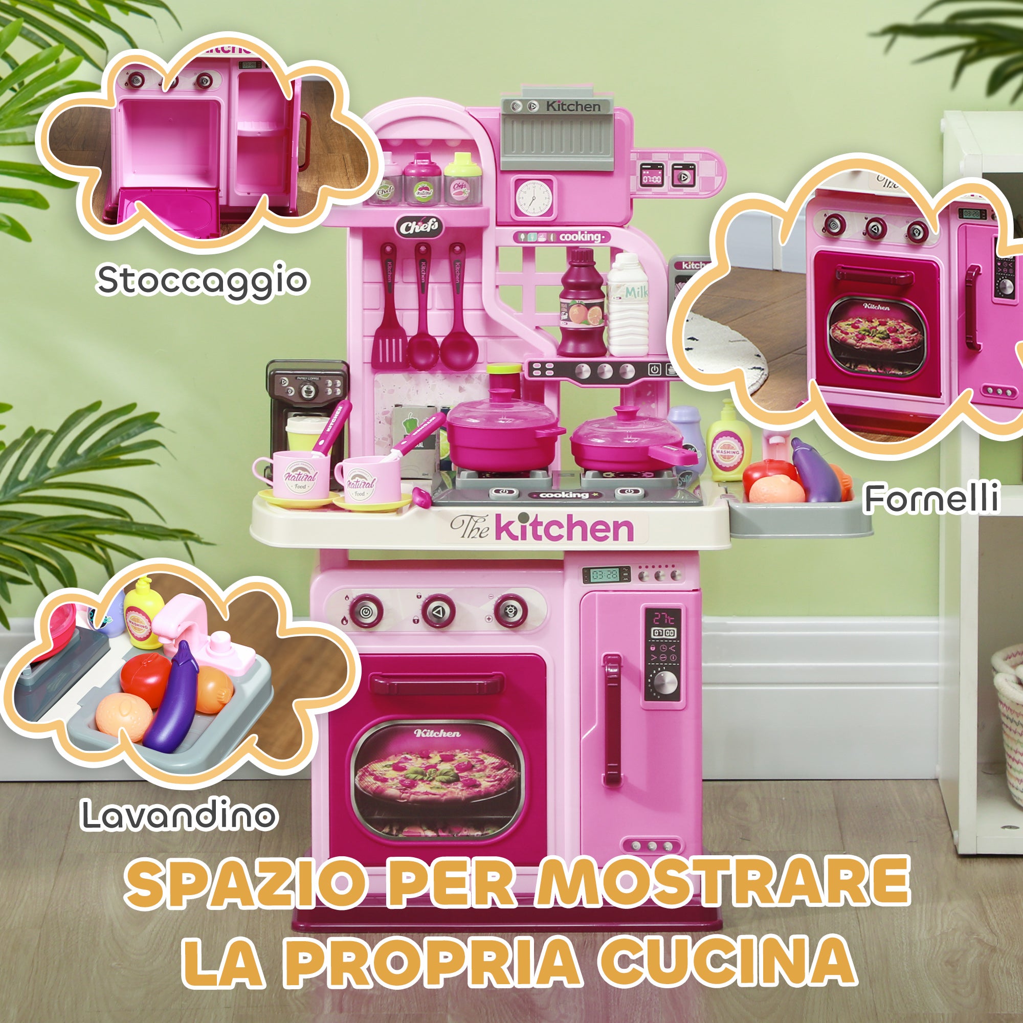 33-Piece Children's Toy Kitchen with Lights, Sounds, and Faucet, Made of PP and ABS, 53x22x69 cm, Pink