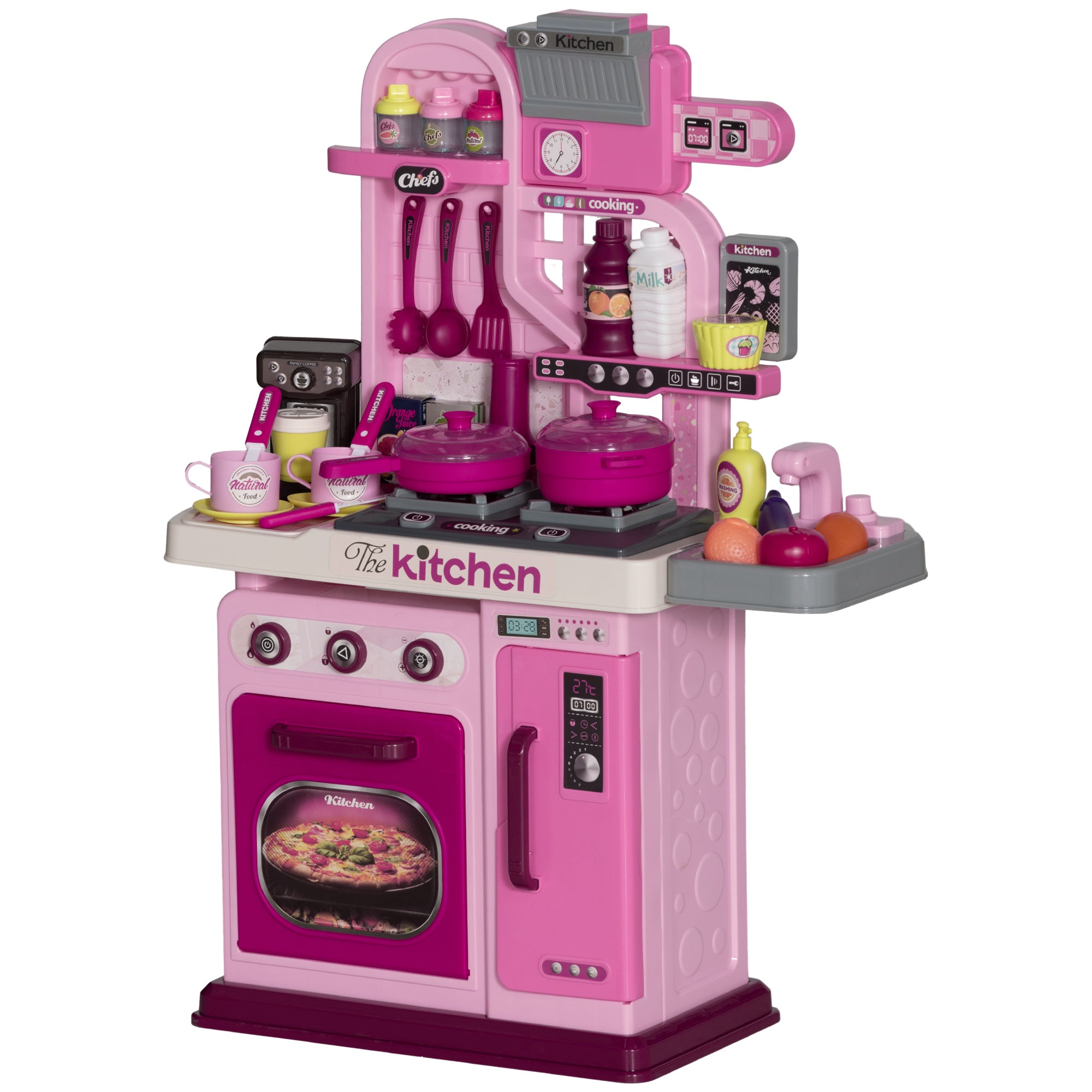 33-Piece Children's Toy Kitchen with Lights, Sounds, and Faucet, Made of PP and ABS, 53x22x69 cm, Pink