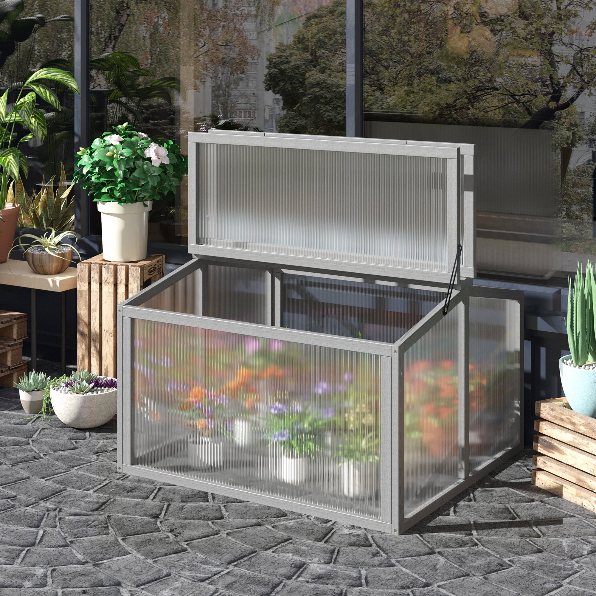 Cold Frame Greenhouse Planting Bed with Cover made of Wood and Polycarbonate Weatherproof Light Gray 90 x 80 x 58 cm