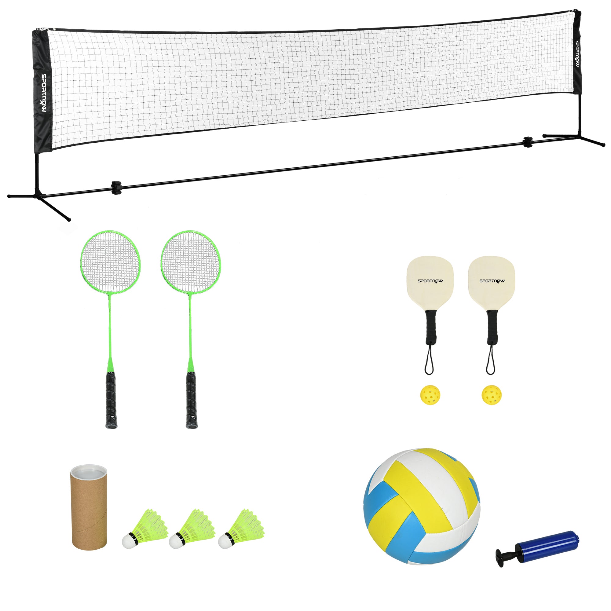 SPORTNOW Complete set of badminton, pickleball, and volleyball, 3 in 1, outdoor sports games with adjustable net height 107-155 cm
