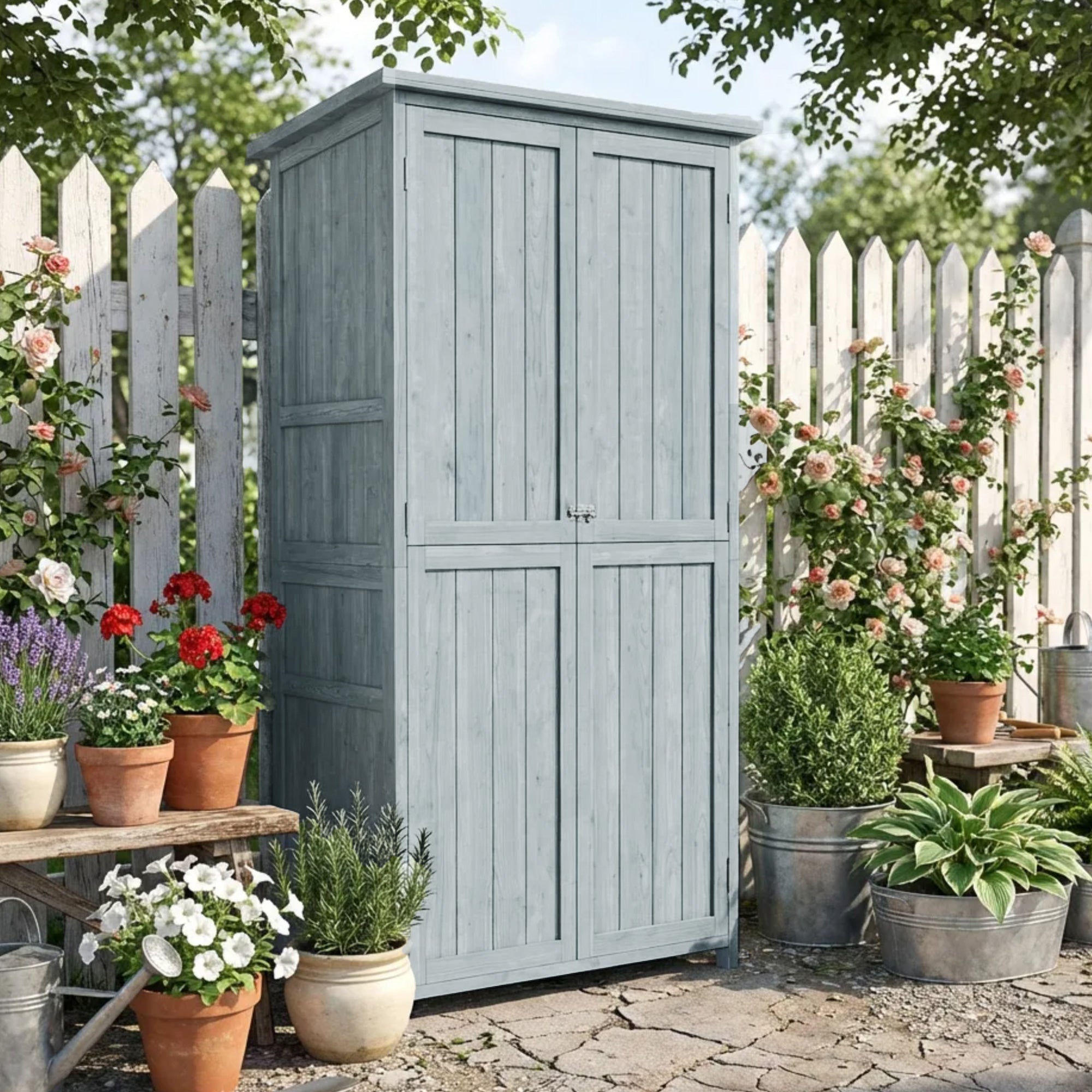 Pine Wood Outdoor Storage Cabinet with 2 Lockable Doors, 2 Shelves & 10 Hooks, Waterproof Asphalt Roof, for Balcony & Patio, 33.5 x 21.3 x 67 in, Gray