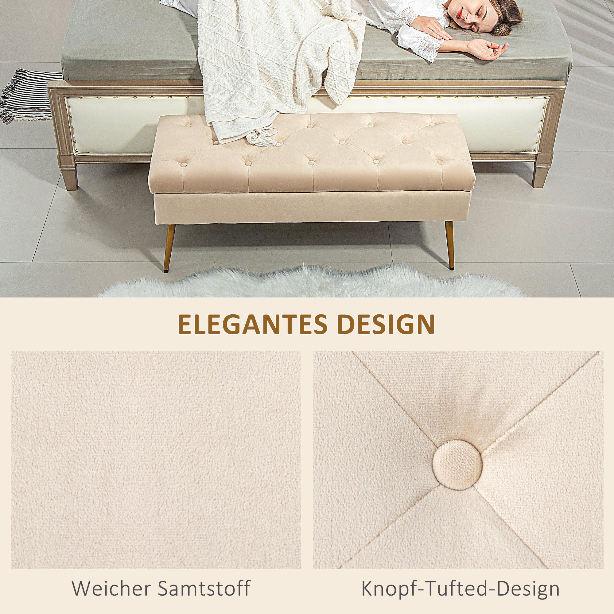 Storage Bench with Upholstered Seat, Ottoman with Lid, Bed Bench with Velvet Look, for Hallway Bedroom Living Room, Metal Frame 102 x 35 x 43 cm Beige