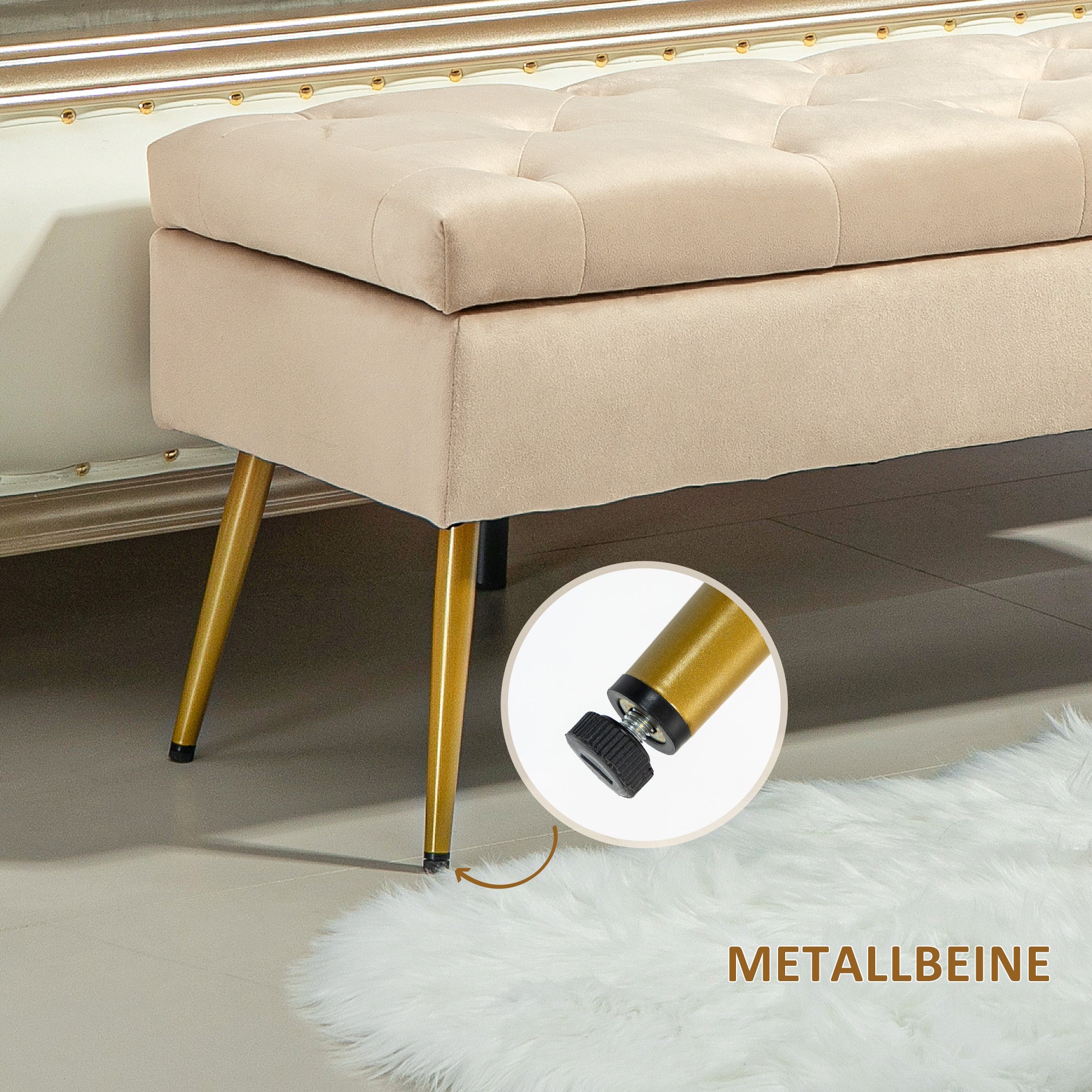 Storage Bench with Upholstered Seat, Ottoman with Lid, Bed Bench with Velvet Look, for Hallway Bedroom Living Room, Metal Frame 102 x 35 x 43 cm Beige