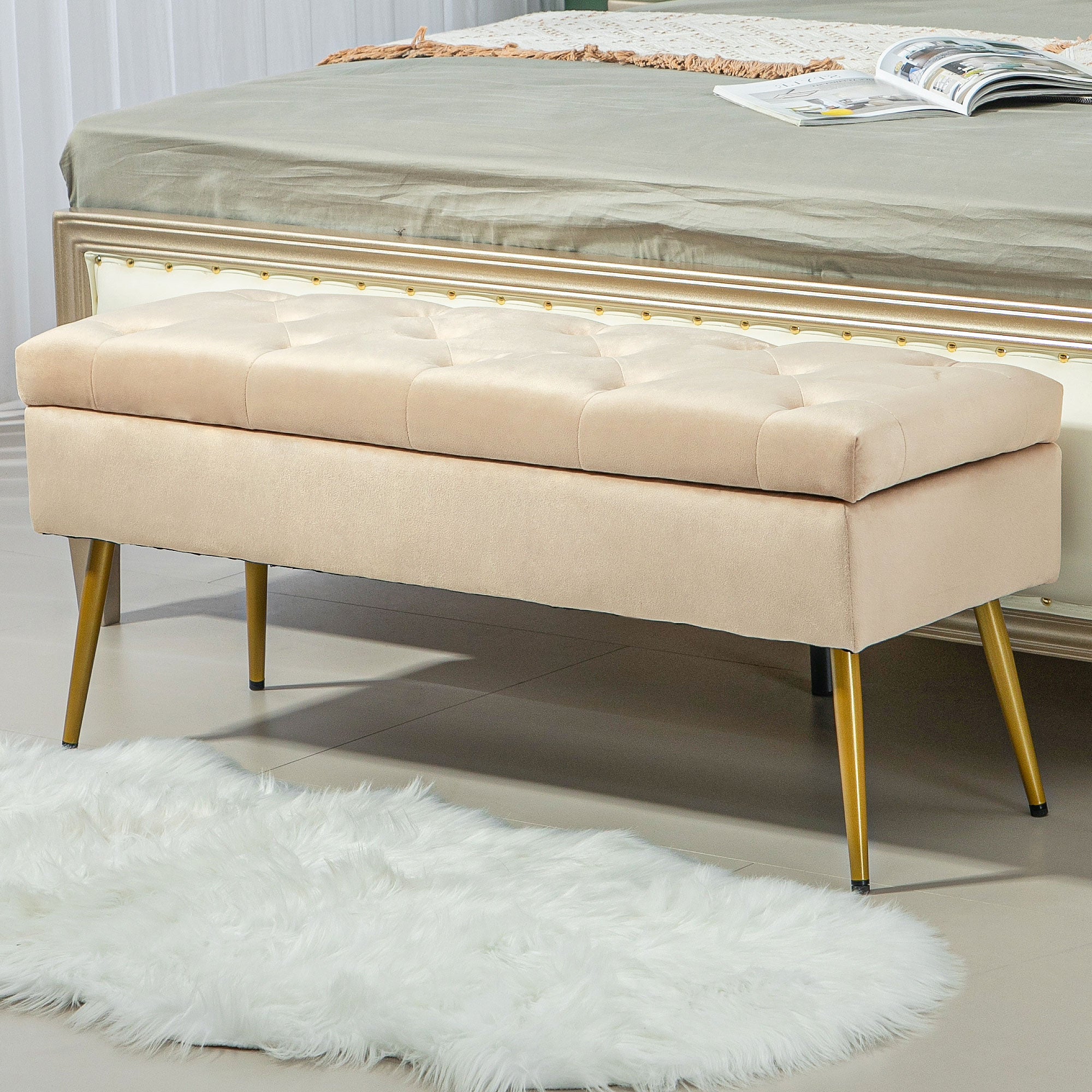 Storage Bench with Upholstered Seat, Ottoman with Lid, Bed Bench with Velvet Look, for Hallway Bedroom Living Room, Metal Frame 102 x 35 x 43 cm Beige