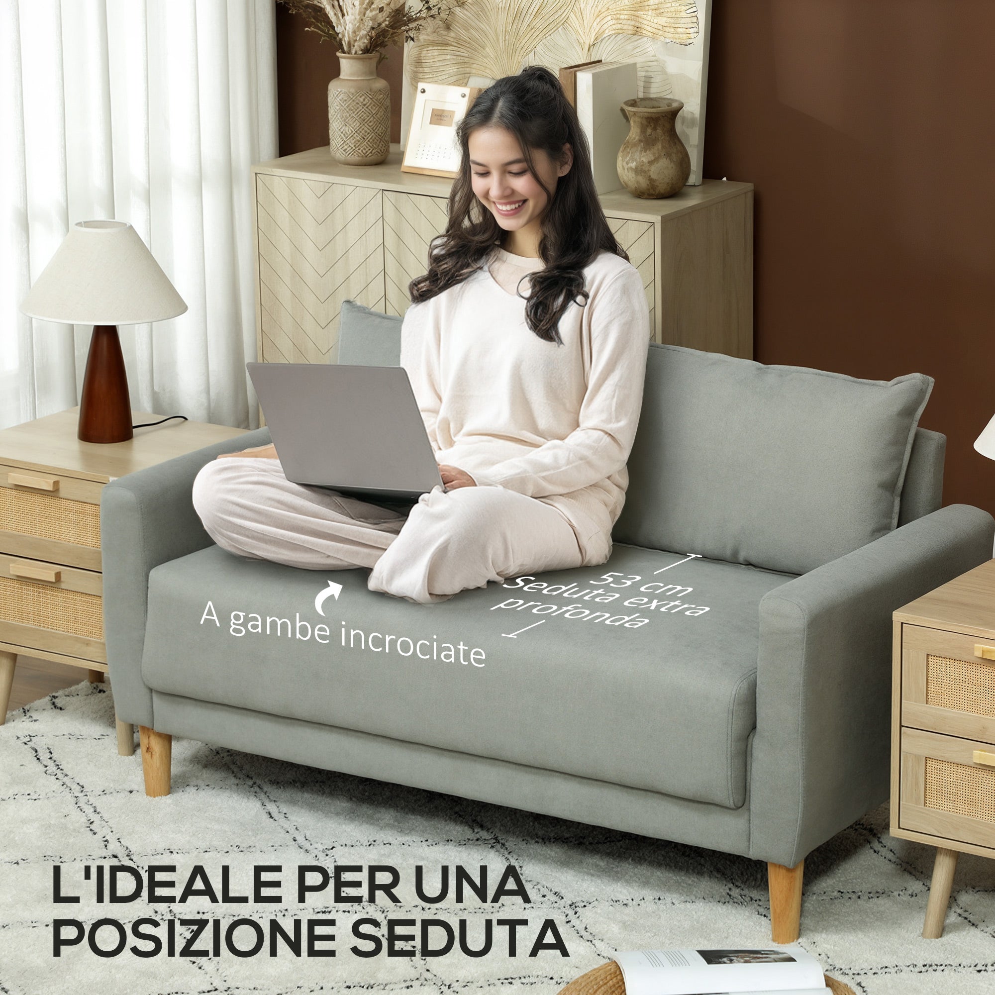 2-Seater Fabric Sofa with Armrests, Storage Compartment, and 2 Removable Cushions, Modern Upholstered Loveseat with Wooden Legs for Living Room, Lounge, and Bedroom, Gray