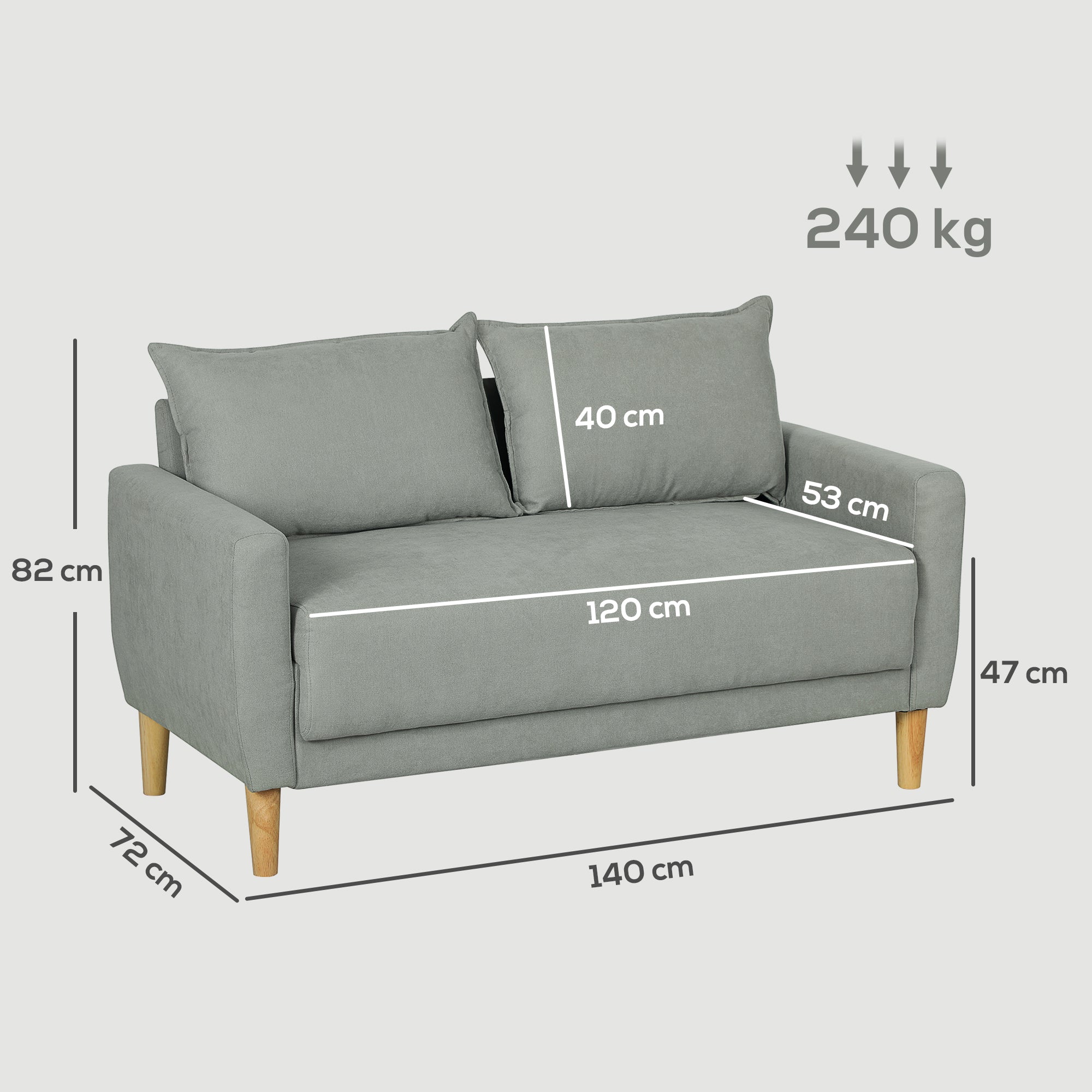 2-Seater Fabric Sofa with Armrests, Storage Compartment, and 2 Removable Cushions, Modern Upholstered Loveseat with Wooden Legs for Living Room, Lounge, and Bedroom, Gray