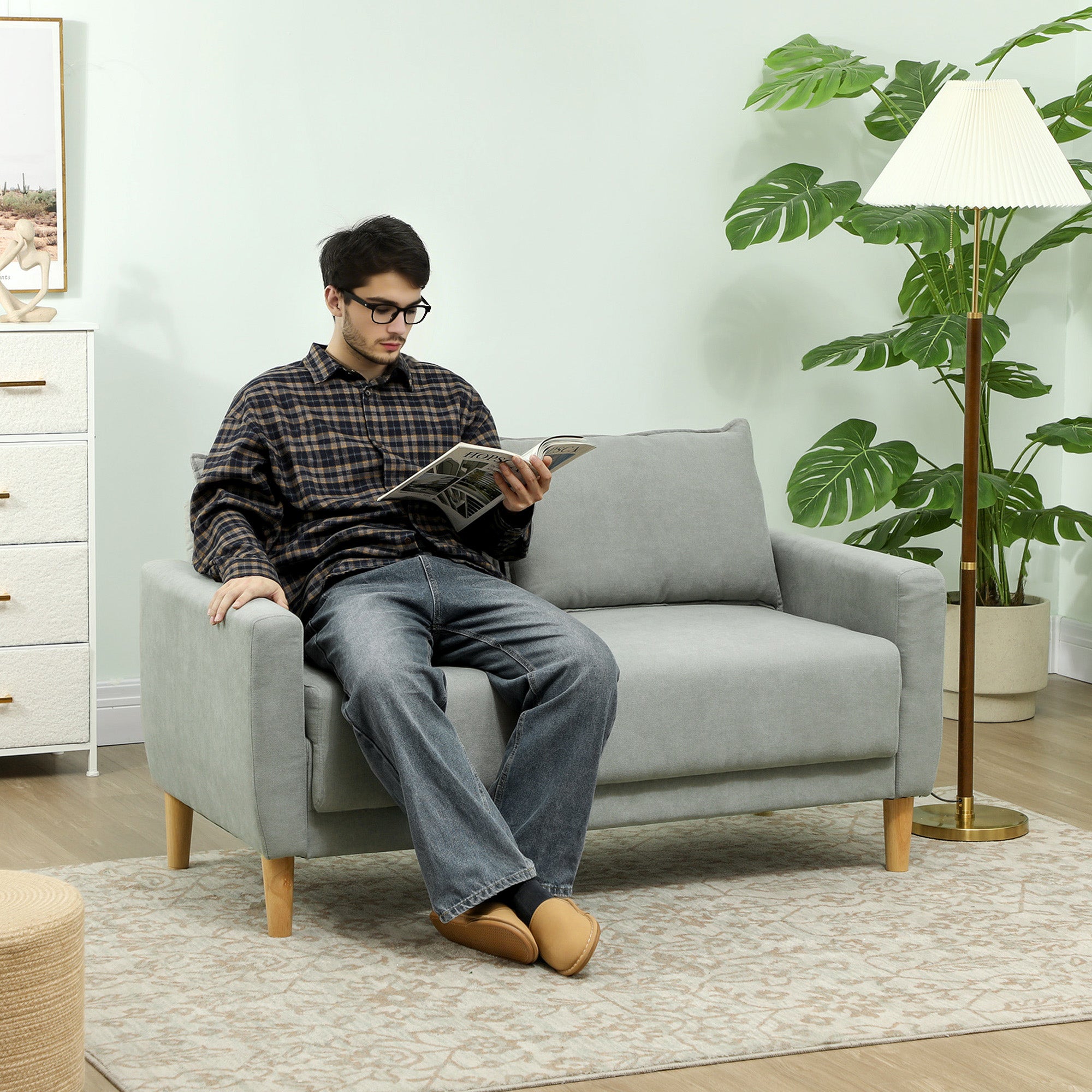 2-Seater Fabric Sofa with Armrests, Storage Compartment, and 2 Removable Cushions, Modern Upholstered Loveseat with Wooden Legs for Living Room, Lounge, and Bedroom, Gray