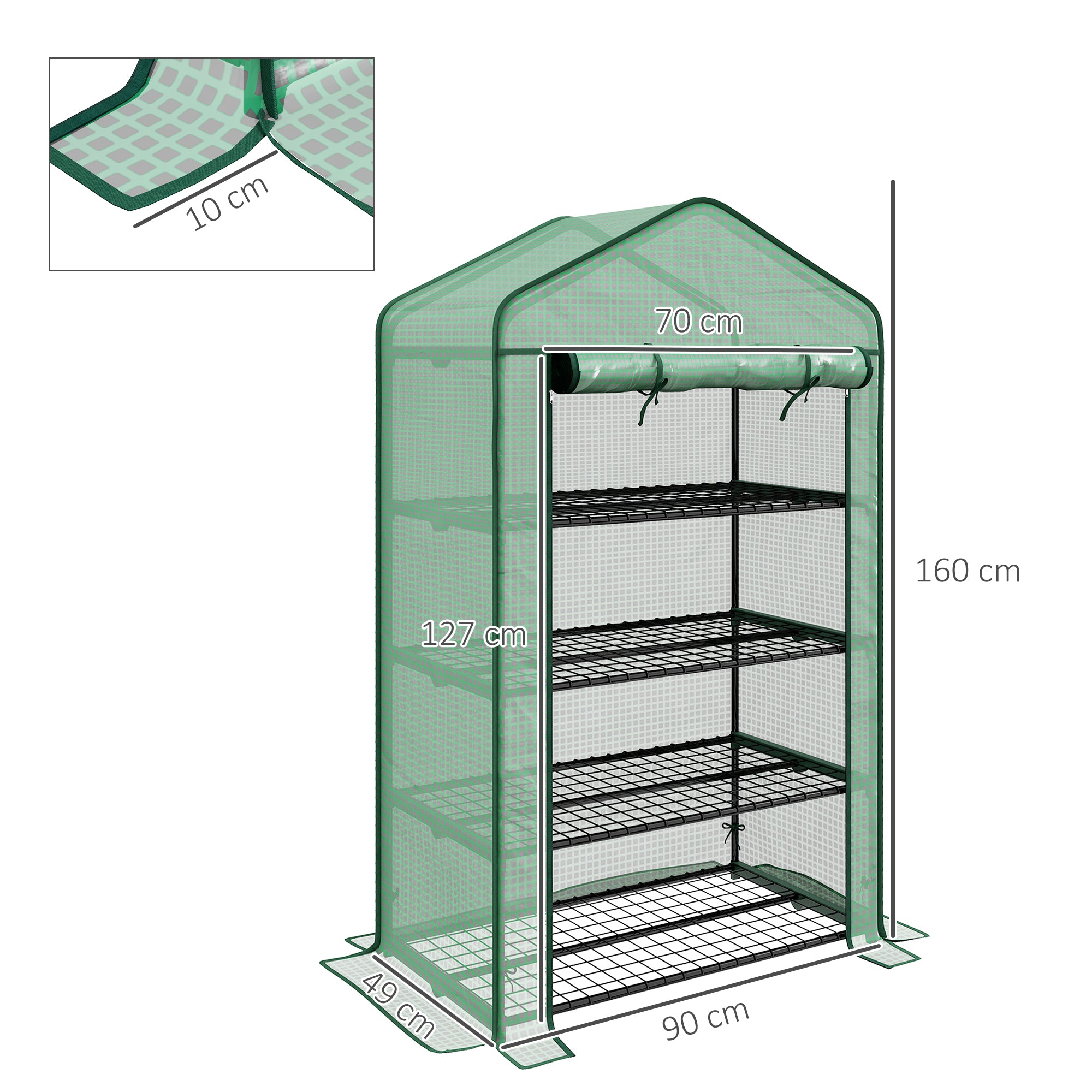 PE Garden Greenhouse with 4-Tier Shelves, Balcony Greenhouse, Reinforced 135 g/m² Tarpaulin, Steel Frame, Roll-Up Zipper Door, for Vegetables Plants Flowers, 90 x 49 x 160 cm, Green