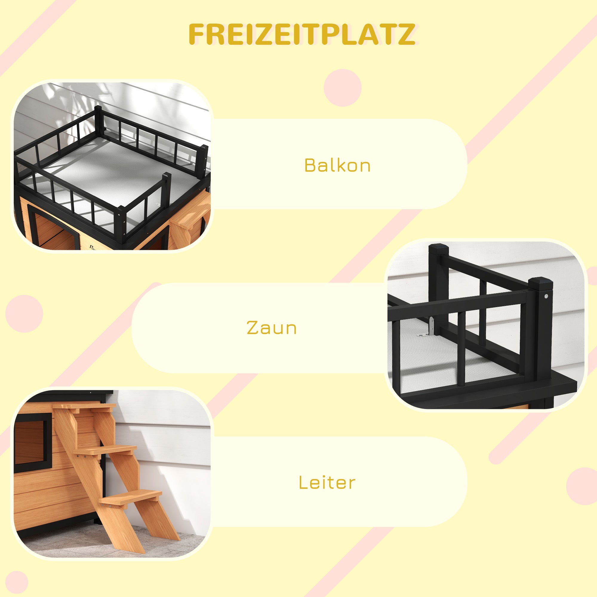 Dog House with Balcony, Elevated Pet House with Stairs, Window, Dog Cave for Small to Medium Dogs, Pine Wood, Yellow, 121 x 77 x 78 cm