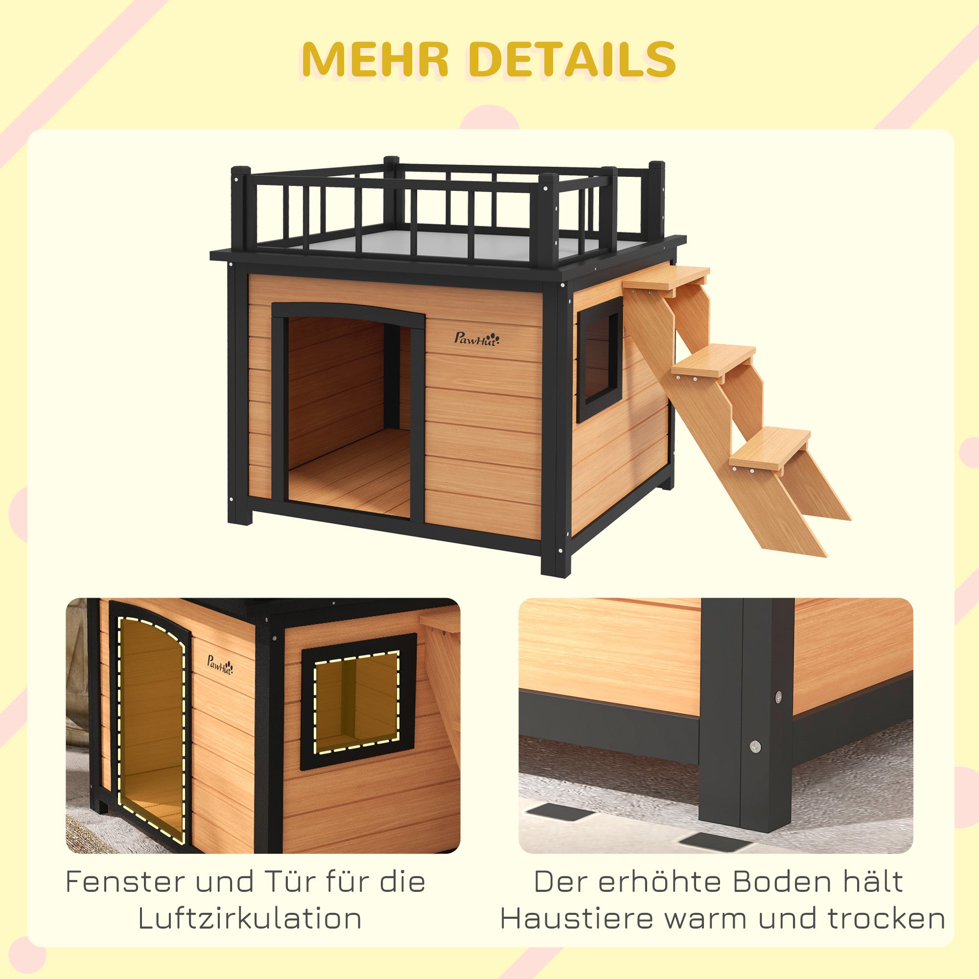 Dog House with Balcony, Elevated Pet House with Stairs, Window, Dog Cave for Small to Medium Dogs, Pine Wood, Yellow, 121 x 77 x 78 cm