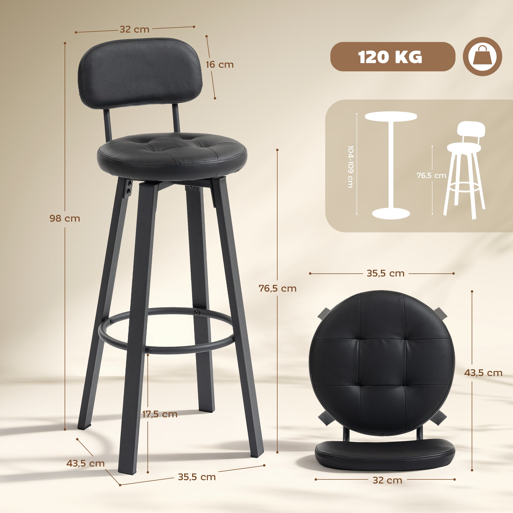 2-Pack Swivel Faux Leather Bar Stools with Backrest & Footrest, 30.1 in Seat Height, Black