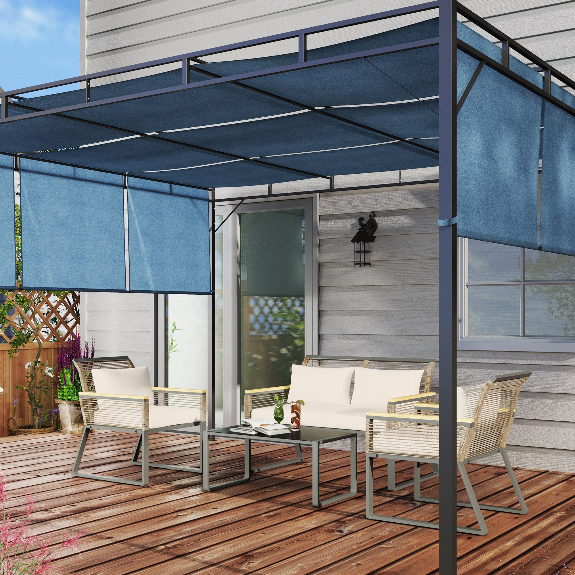 Poly Rattan Garden Furniture Set 4 Persons Weatherproof Balcony Furniture Set with 2-Seater Sofa, 2 Chairs Glass Table Cushions Outdoor Seating Group Garden Set Patio Furniture for Garden Balcony Gray+Beige