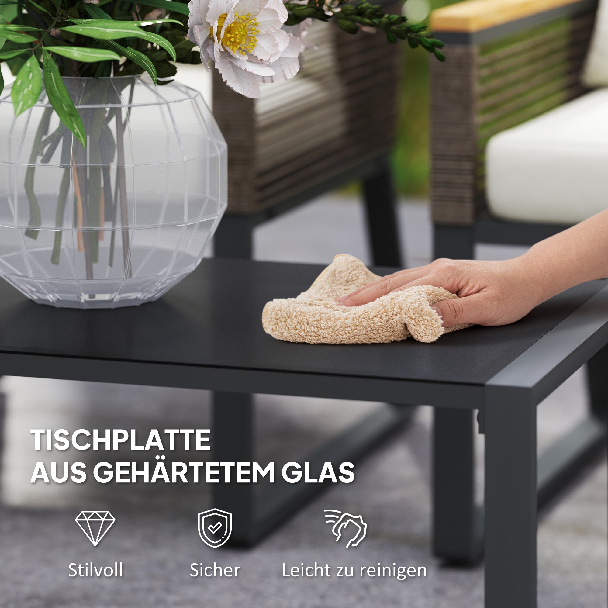 Poly Rattan Garden Furniture Set 4 Persons Weatherproof Balcony Furniture Set with 2-Seater Sofa, 2 Chairs Glass Table Cushions Outdoor Seating Group Garden Set Patio Furniture for Garden Balcony Gray+Beige