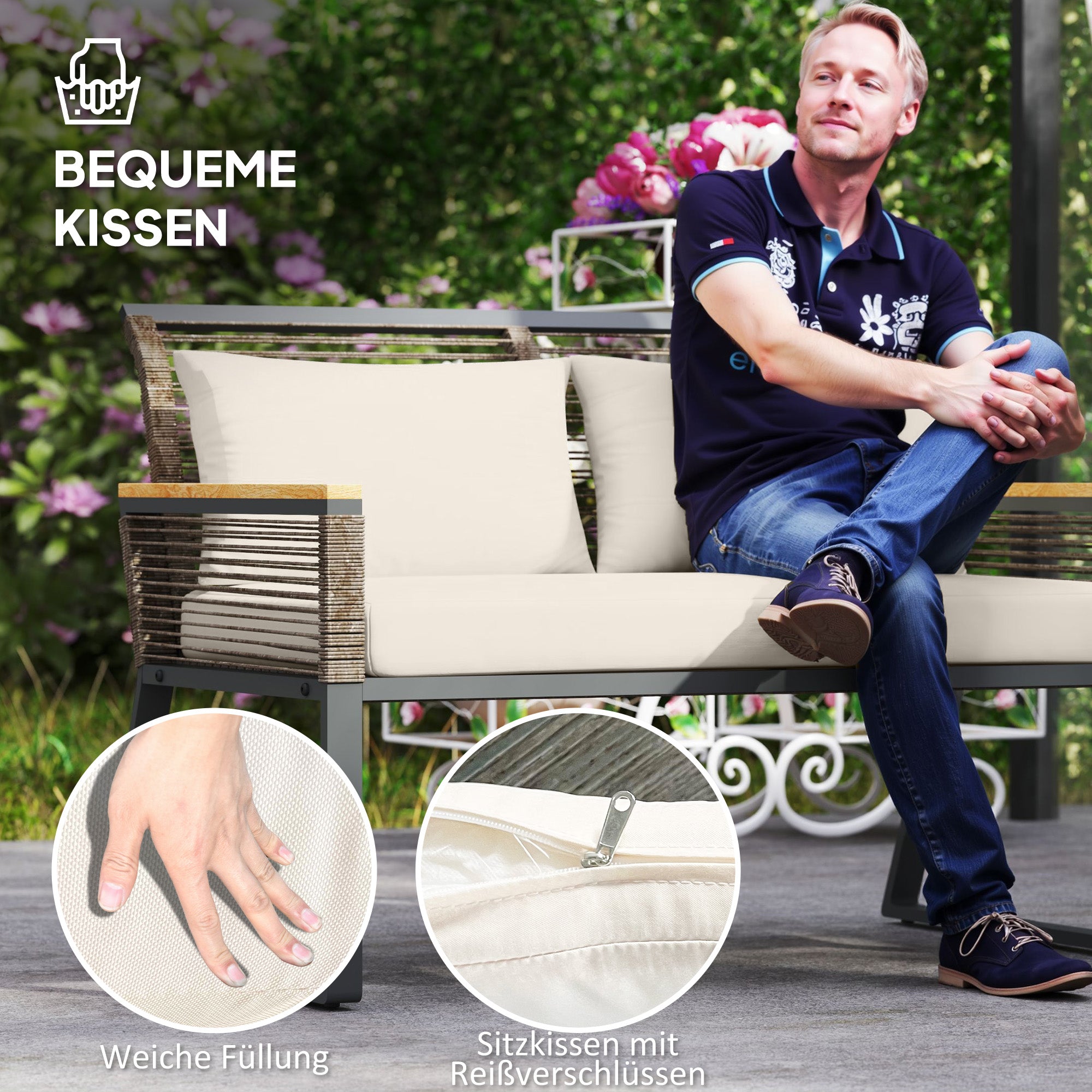 Poly Rattan Garden Furniture Set 4 Persons Weatherproof Balcony Furniture Set with 2-Seater Sofa, 2 Chairs Glass Table Cushions Outdoor Seating Group Garden Set Patio Furniture for Garden Balcony Gray+Beige