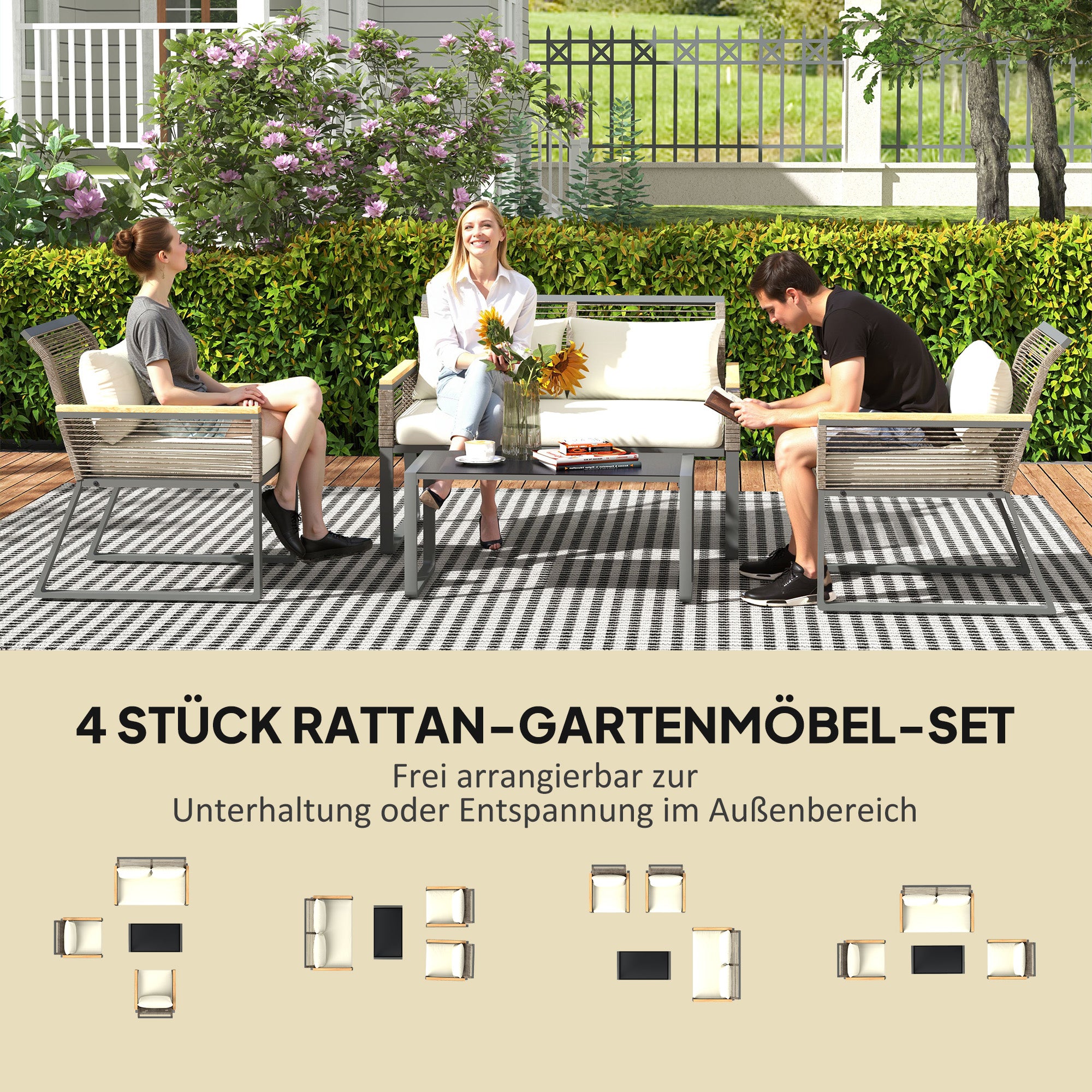 Poly Rattan Garden Furniture Set 4 Persons Weatherproof Balcony Furniture Set with 2-Seater Sofa, 2 Chairs Glass Table Cushions Outdoor Seating Group Garden Set Patio Furniture for Garden Balcony Gray+Beige