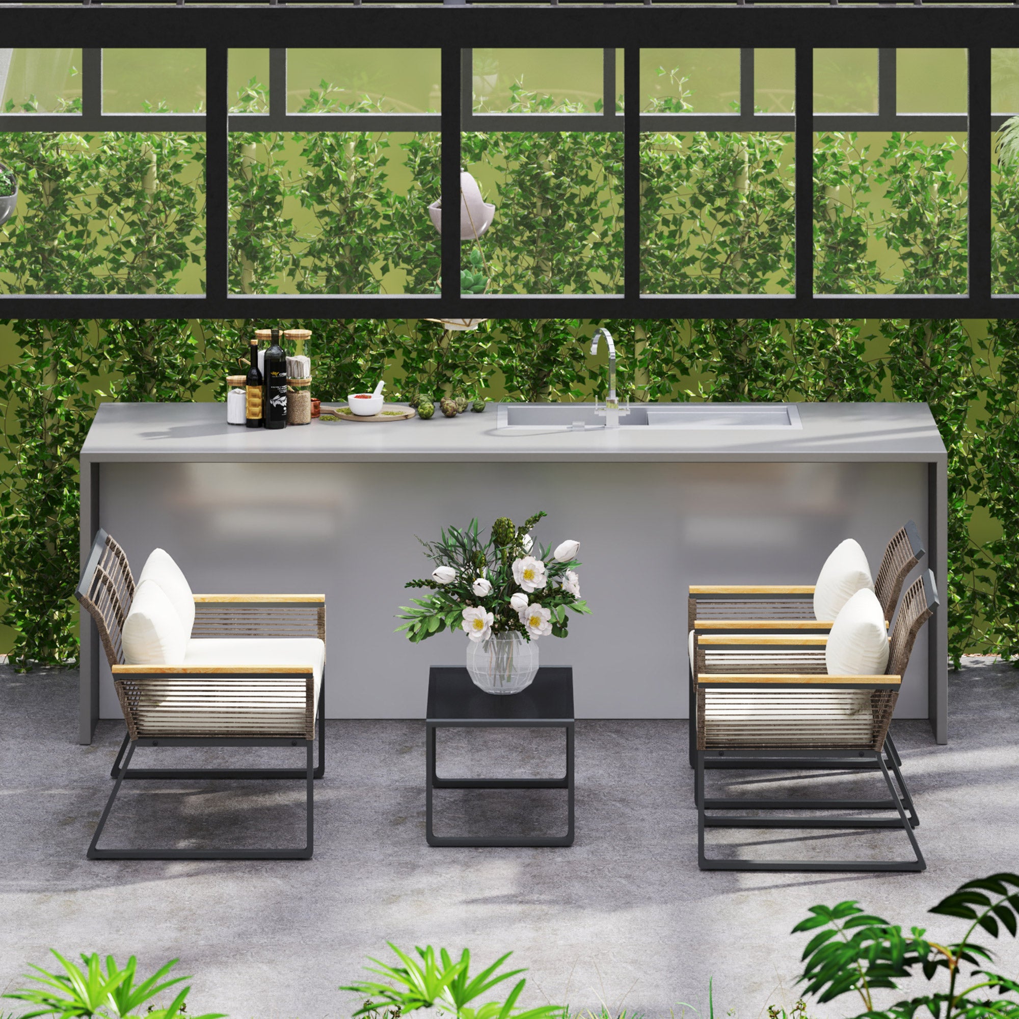 Poly Rattan Garden Furniture Set 4 Persons Weatherproof Balcony Furniture Set with 2-Seater Sofa, 2 Chairs Glass Table Cushions Outdoor Seating Group Garden Set Patio Furniture for Garden Balcony Gray+Beige