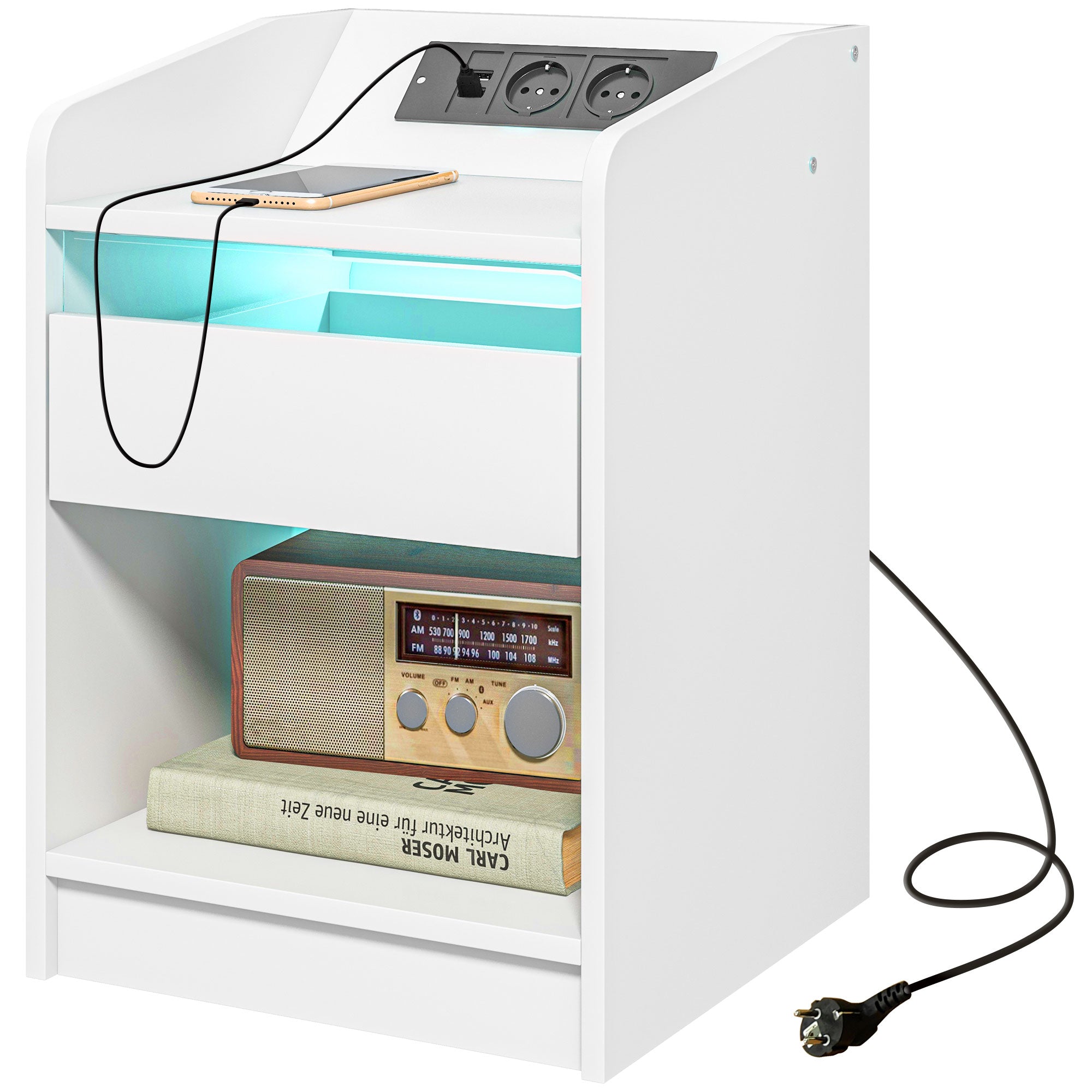 Bedside Table Nightstand with LED Lights, Drawer, Shelf, Charging Station, USB Ports, and Remote Control 40x40x58 cm White