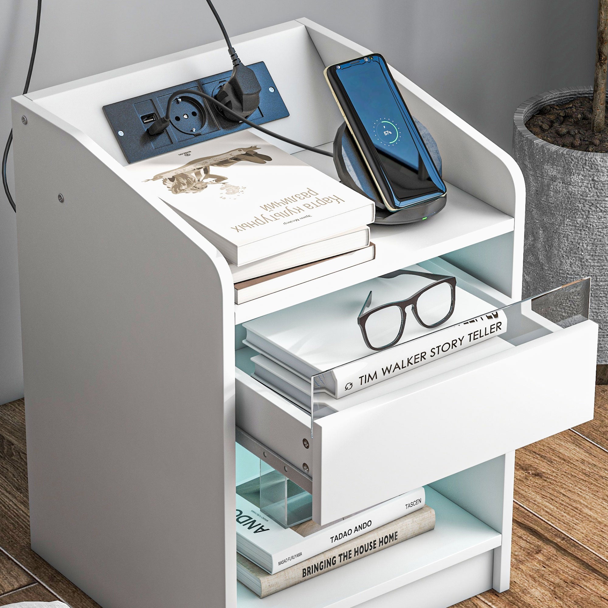 Bedside Table Nightstand with LED Lights, Drawer, Shelf, Charging Station, USB Ports, and Remote Control 40x40x58 cm White