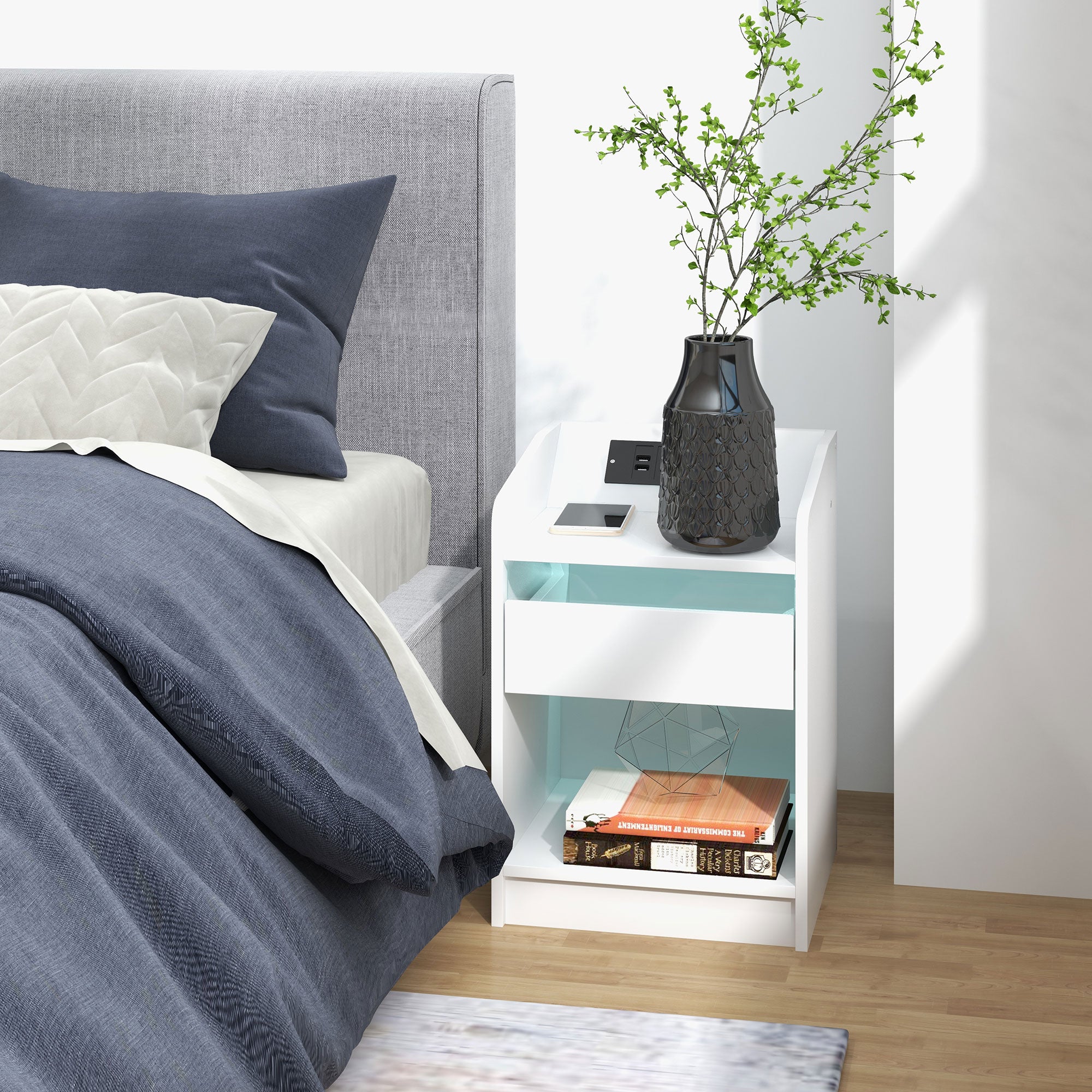 Bedside Table Nightstand with LED Lights, Drawer, Shelf, Charging Station, USB Ports, and Remote Control 40x40x58 cm White