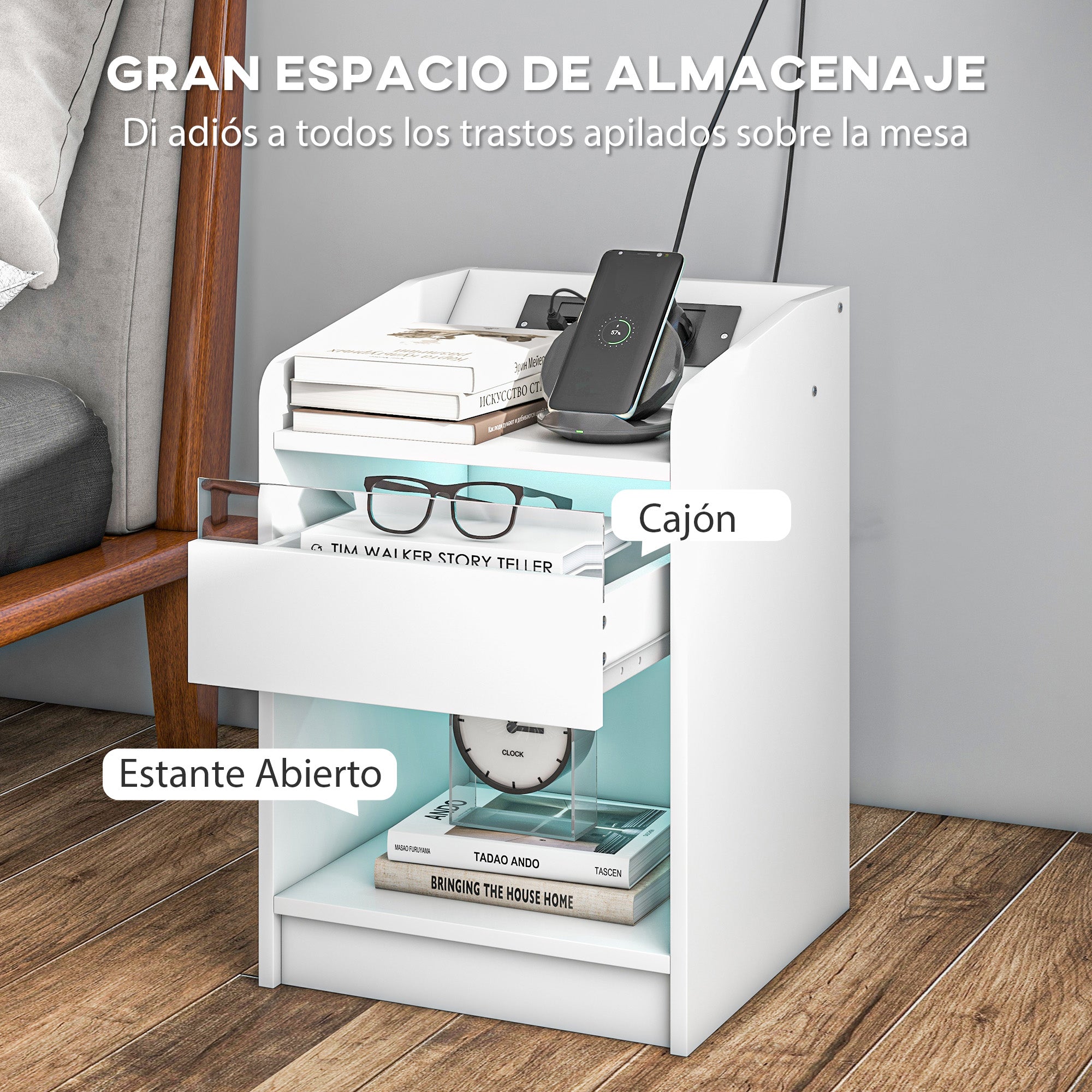 Bedside Table Nightstand with LED Lights, Drawer, Shelf, Charging Station, USB Ports, and Remote Control 40x40x58 cm White