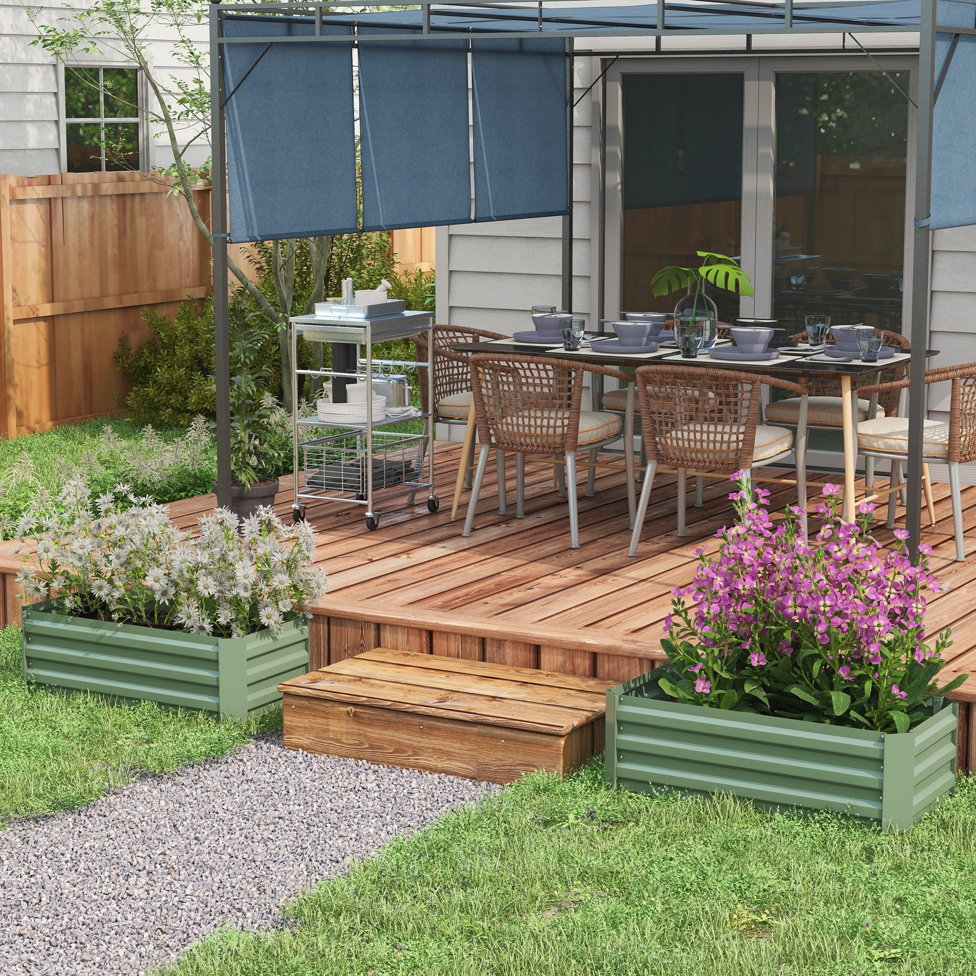 Set of 2 Rectangular Raised Garden Planters 100L x 50W x 30H cm - Green Corrugated Steel